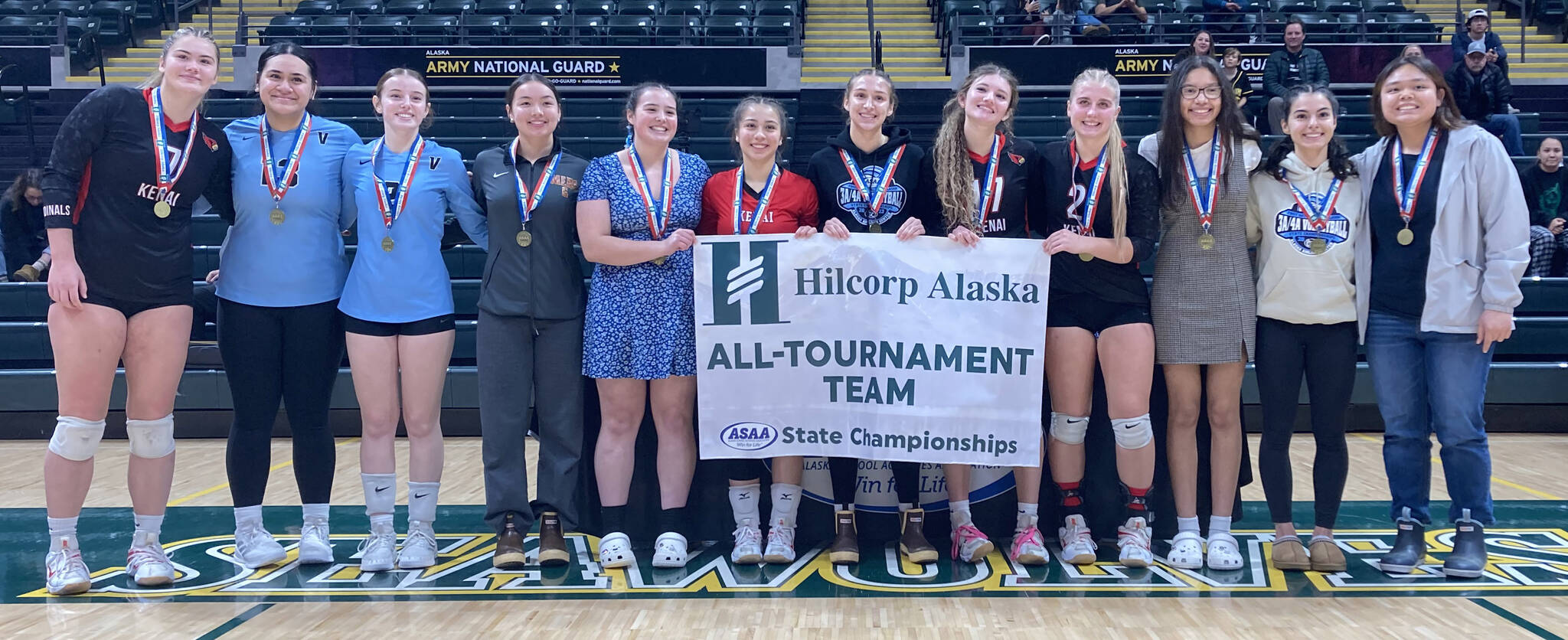 The all-tournament team at the Class 3A state volleyball tournament Saturday, Nov. 11, 2023, at the Alaska Airlines Center in Anchorage, Alaska. (Photo by Jeff Helminiak/Peninsula Clarion)