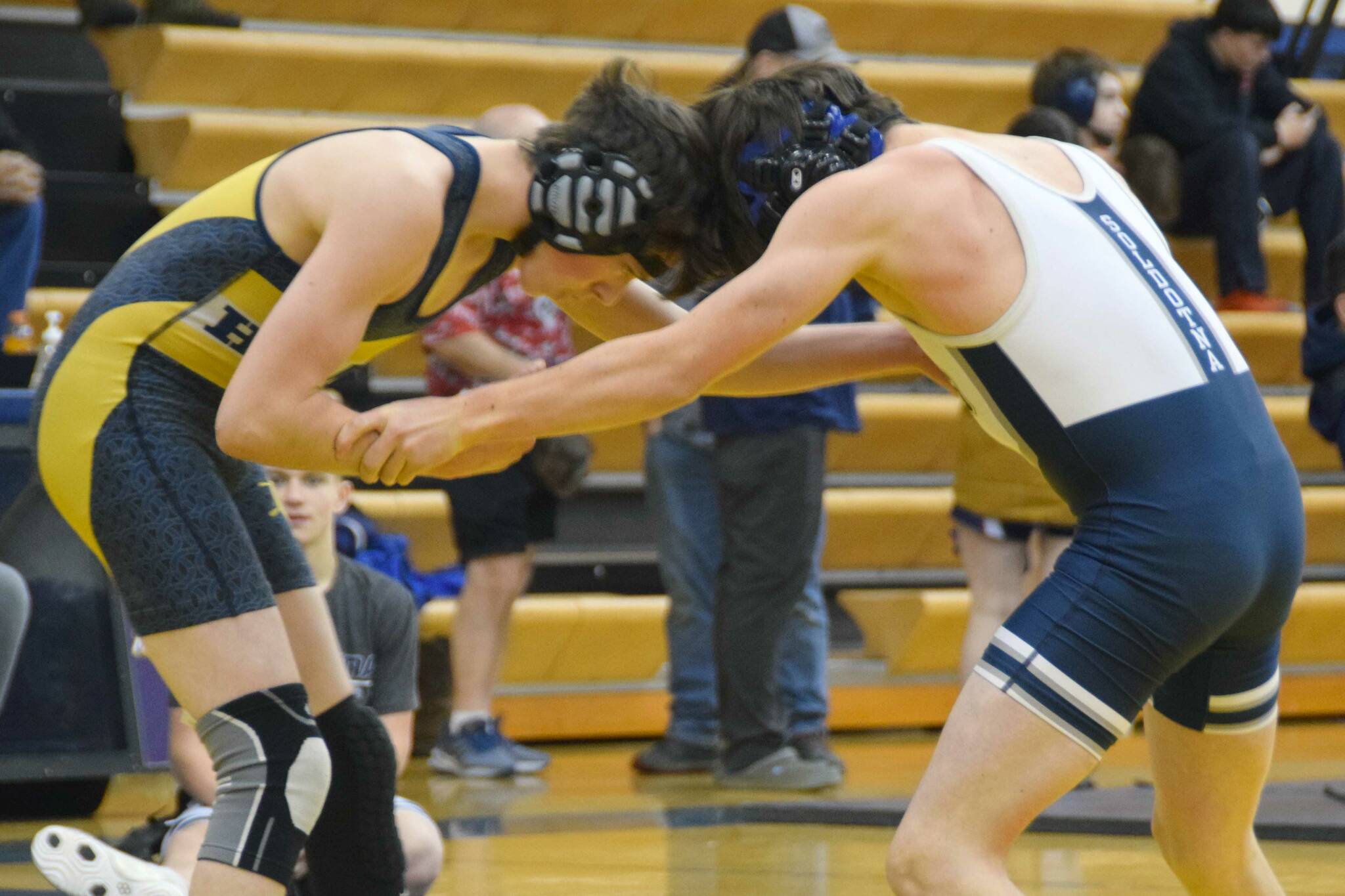 Homer's Bryce Hagge competes against Soldotna's Grady Abrams at 112 pounds at the Homer Round Robin Rumble on Saturday, Nov. 11, 2023, at Homer High School in Homer, Alaska. (Photo by Finn Heimbold/Homer News)