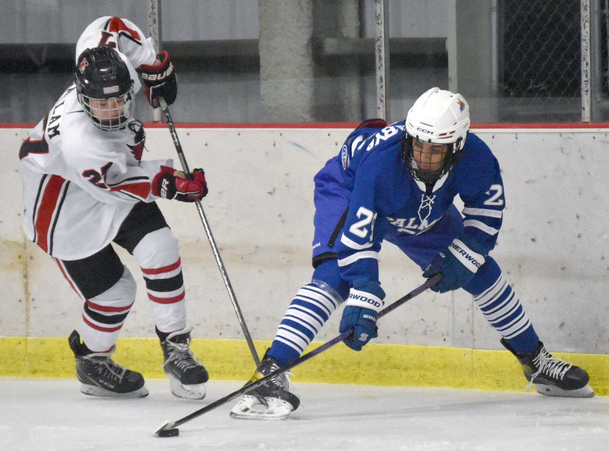 Kenai Central's Noah Hallam and Palmer's Tavian Mukaabya battle for the puck Thursday, Nov. 16, 2023, during Kenai River Cup play at the Kenai Multi-Purpose Facility in Kenai, Alaska. (Photo by Jeff Helminiak/Peninsula Clarion)
