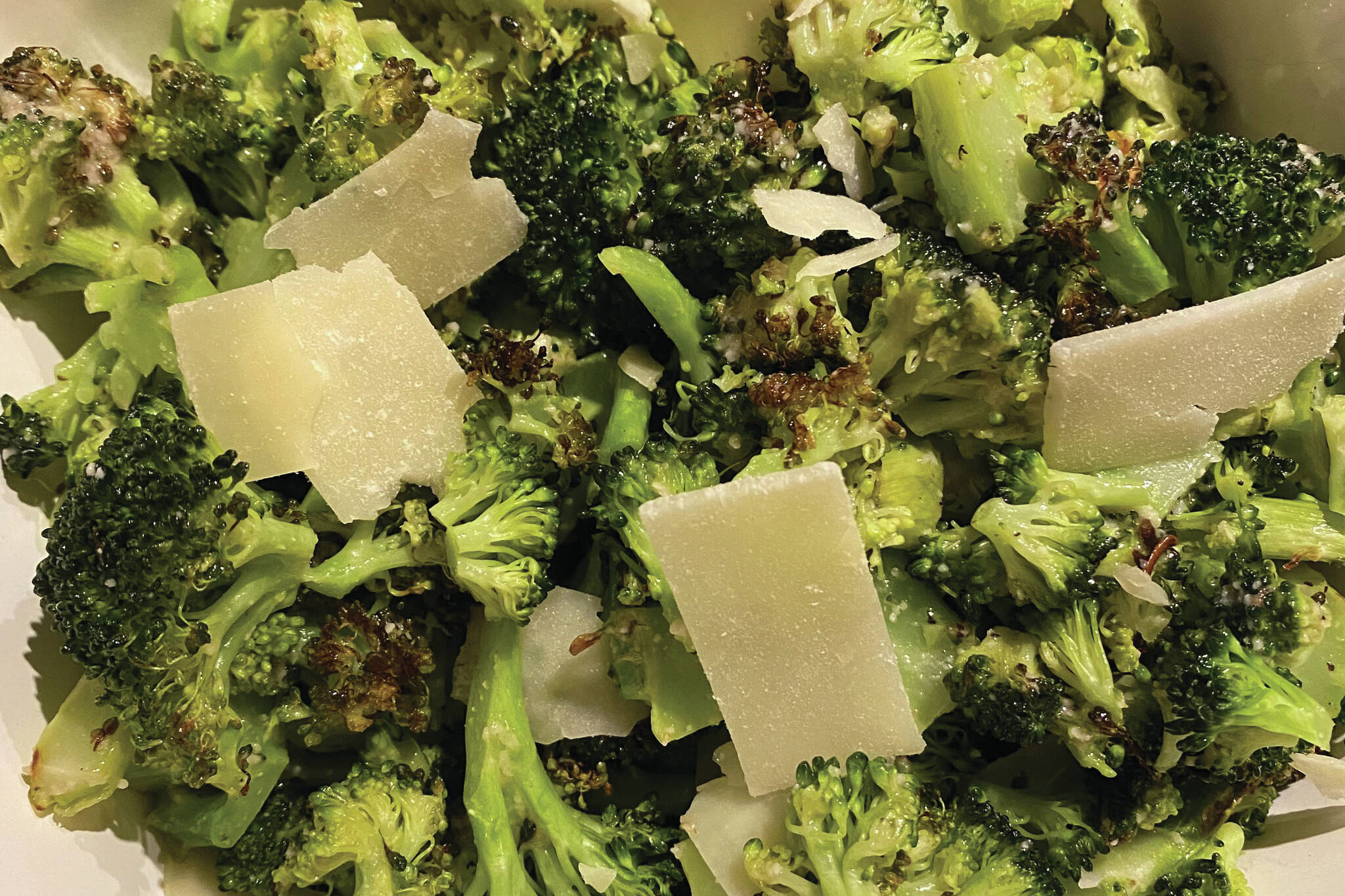 Roasted broccoli Caesar salad provides some much-needed greens and fiber to balance out the rolls and gravy. (Photo by Tressa Dale/Peninsula Clarion)