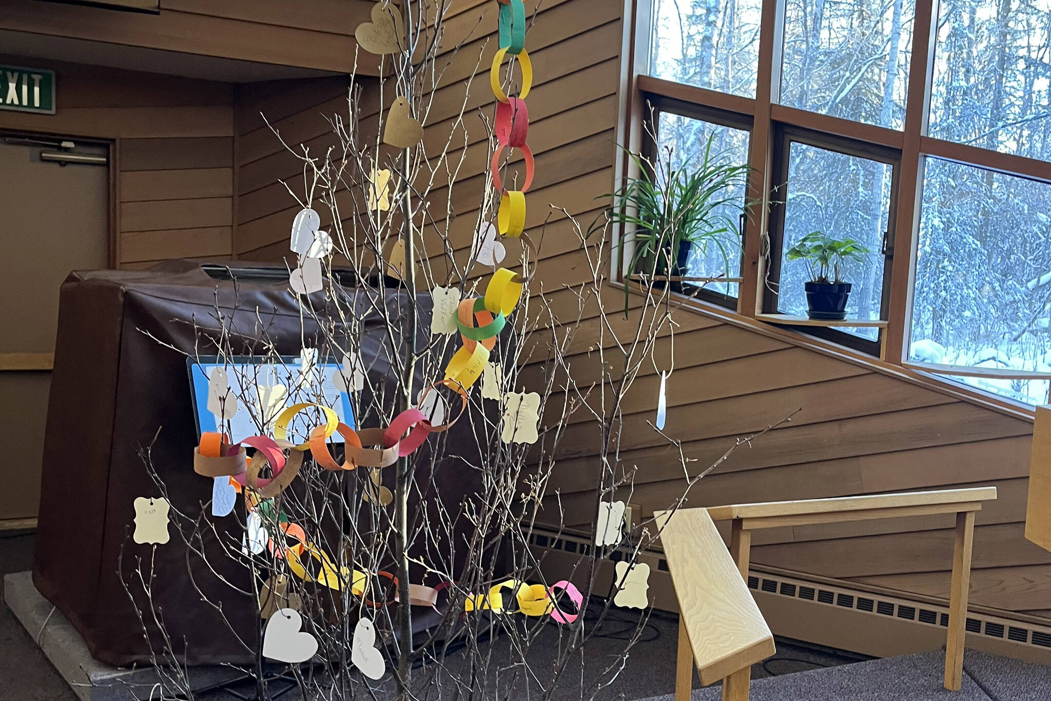 Paper chains made of gratitude strips adorn a Christmas tree at Christ Lutheran Church in Soldotna. (Photo courtesy Meredith Harber)