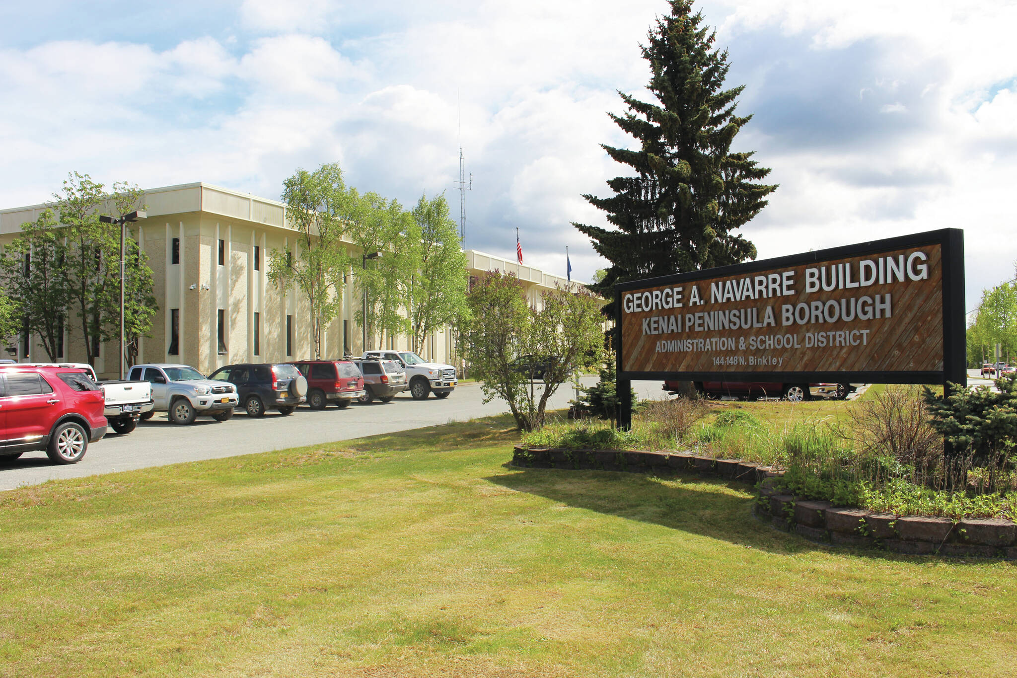 The entrance to the Kenai Peninsula Borough building in Soldotna is seen here on June 1. (Photo by Brian Mazurek/Peninsula Clarion)