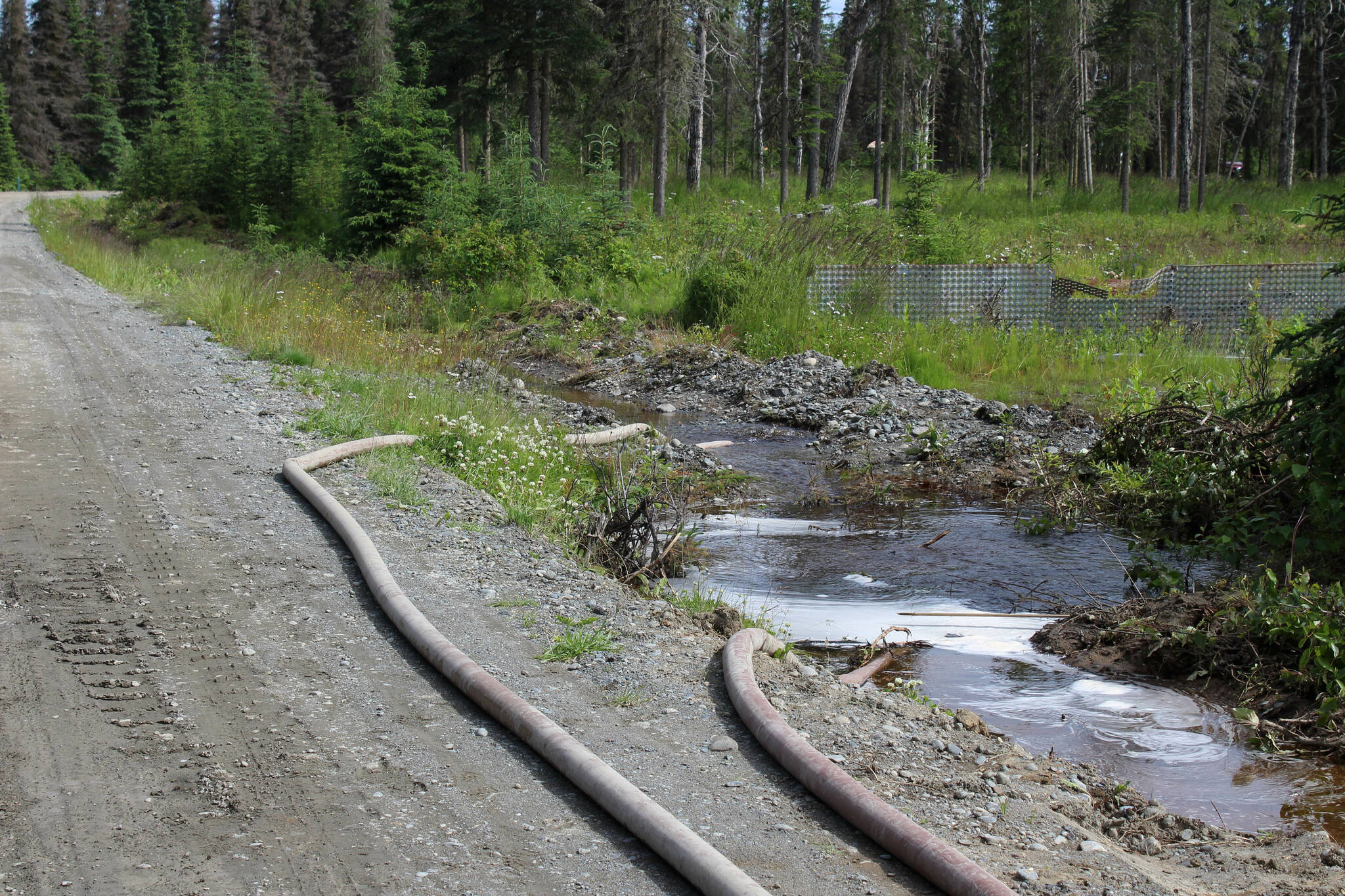 Hoses pump water along Patrick Drive to help mitigate flooding near Kalifornsky Beach Road on Friday, July 21, 2023, near Kenai, Alaska. (Ashlyn O’Hara/Peninsula Clarion)