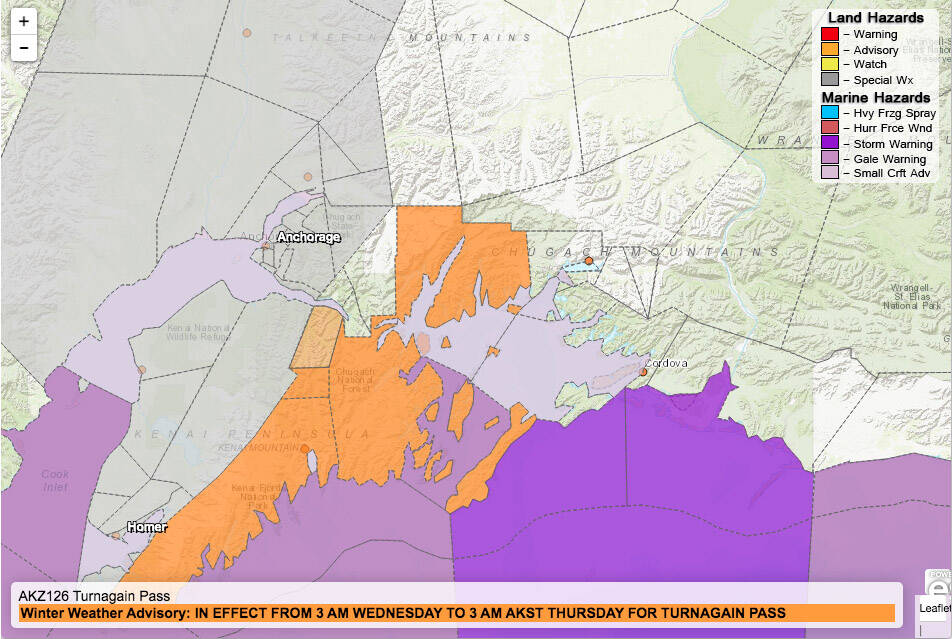 The National Weather Service’s map shows a winter weather advisory, in orange, effective for much of the eastern Kenai Peninsula. (Screenshot)
