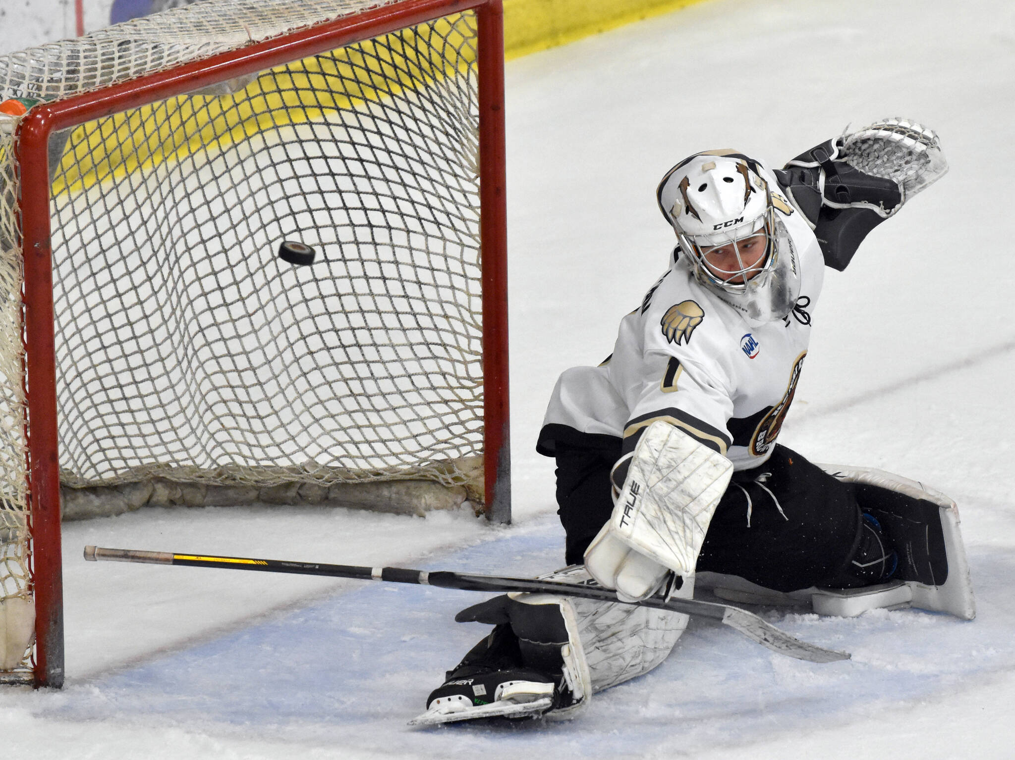 Kenai River Brown Bears goaltender Conor Sullivan makes a save against the Anchorage Wolverines on Friday, Dec. 1, 2023, at the Soldotna Regional Sports Complex in Soldotna, Alaska. (Photo by Jeff Helminiak/Peninsula Clarion)