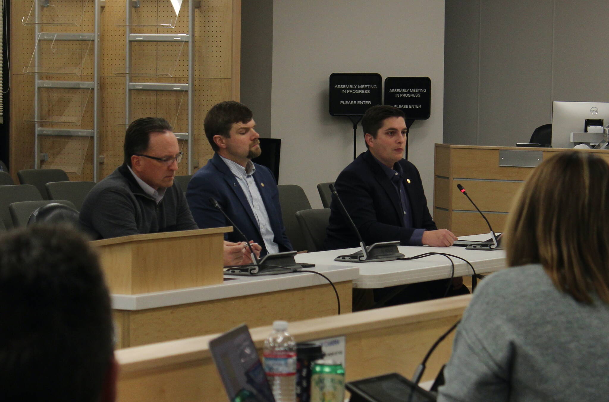 From left: Rep. Ben Carpenter, Sen. Jesse Bjorkman and Rep. Justin Ruffridge discuss their priorities regarding education during a work session with members of the Kenai Peninsula Borough School District on Monday, Dec. 4, 2023 in Soldotna, Alaska. (Ashlyn O’Hara/Peninsula Clarion)