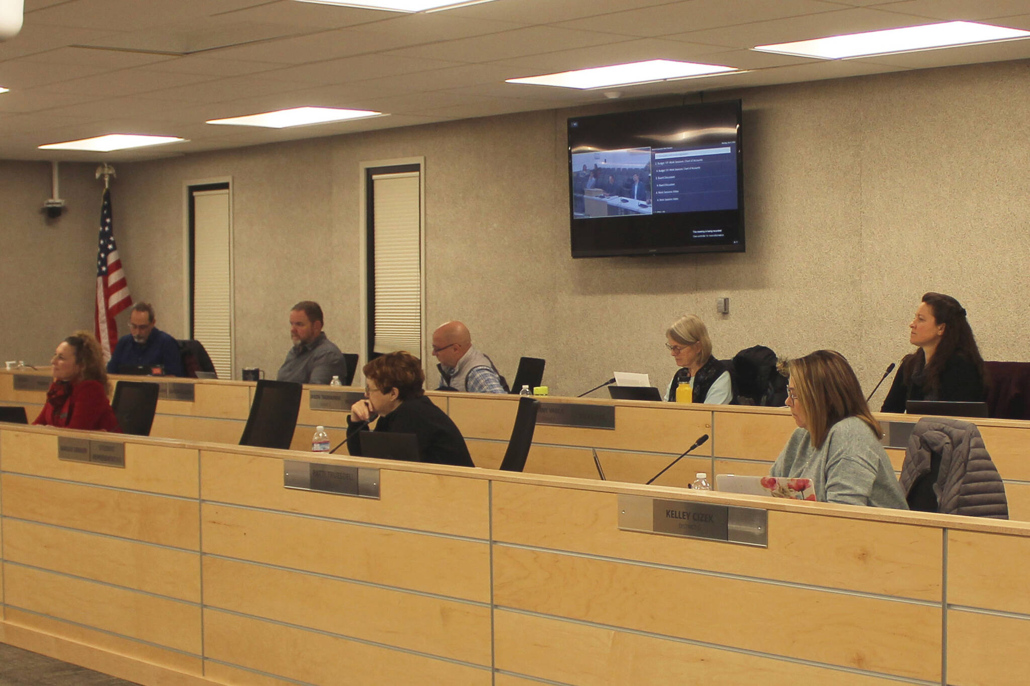 Members of the Kenai Peninsula Borough School District Board of Education meet on Monday, Dec. 4, 2023, in Soldotna, Alaska. (Ashlyn O’Hara/Peninsula Clarion)