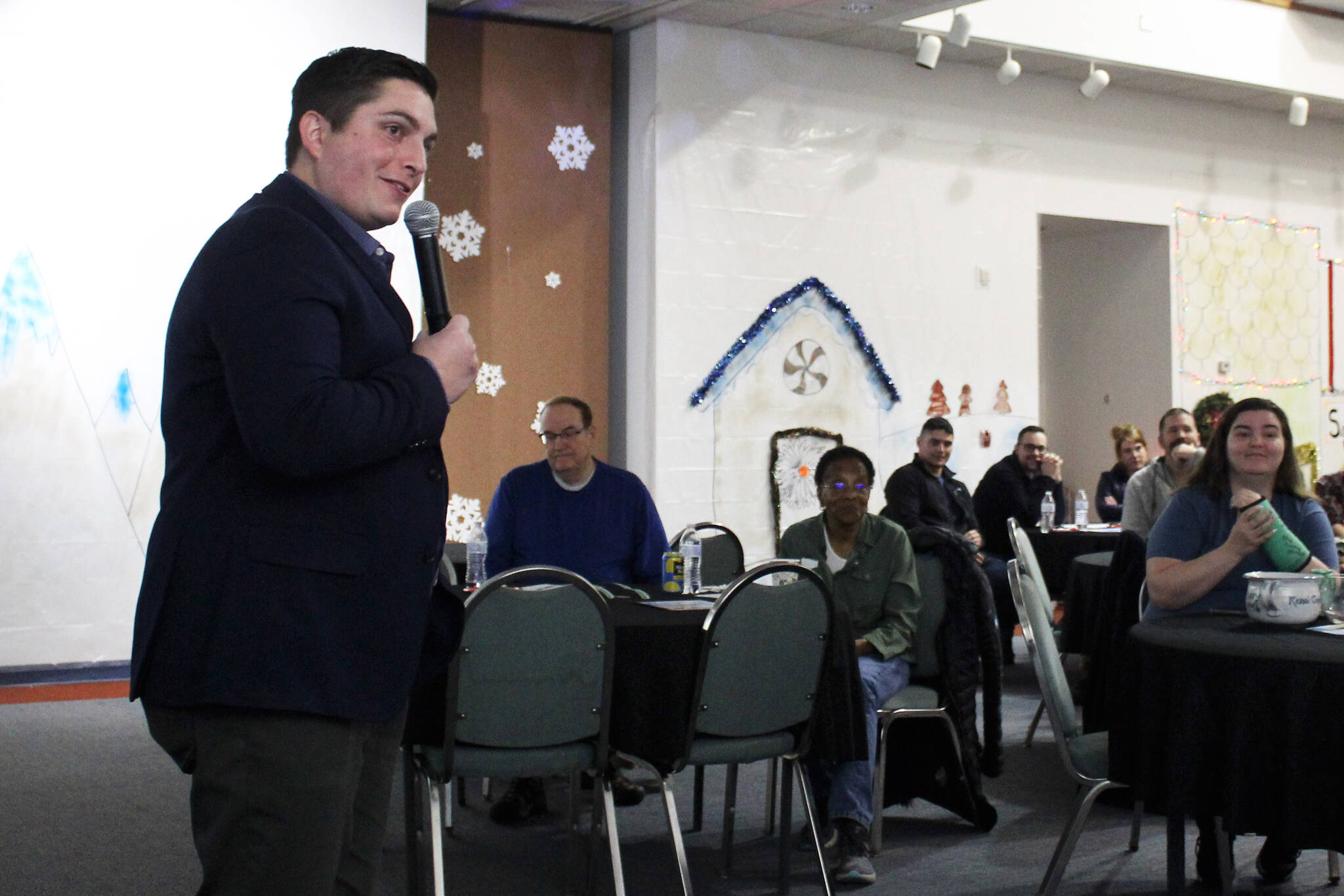 Rep. Justin Ruffridge, R-Soldotna, answers questions from constituents during a legislative update at the Kenai Chamber of Commerce and Visitor Center on Wednesday, Dec. 6, 2023, in Kenai, Alaska. (Ashlyn O’Hara/Peninsula Clarion)