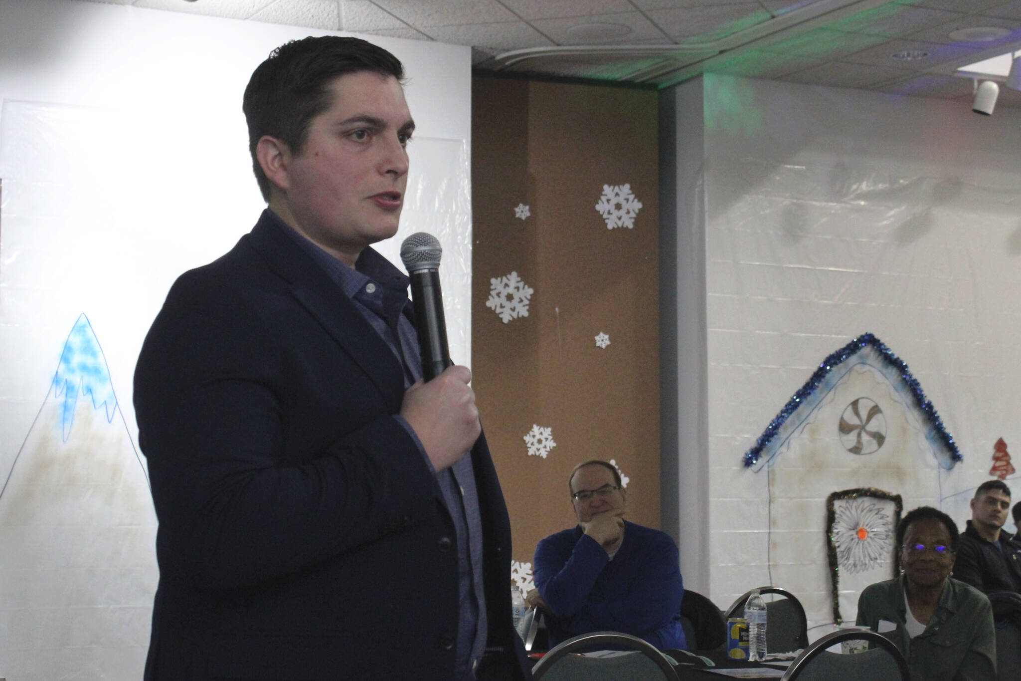 Rep. Justin Ruffridge, R-Soldotna, answers questions from constituents during a legislative update at the Kenai Chamber of Commerce and Visitor Center on Wednesday, Dec. 6, 2023, in Kenai, Alaska. (Ashlyn O’Hara/Peninsula Clarion)