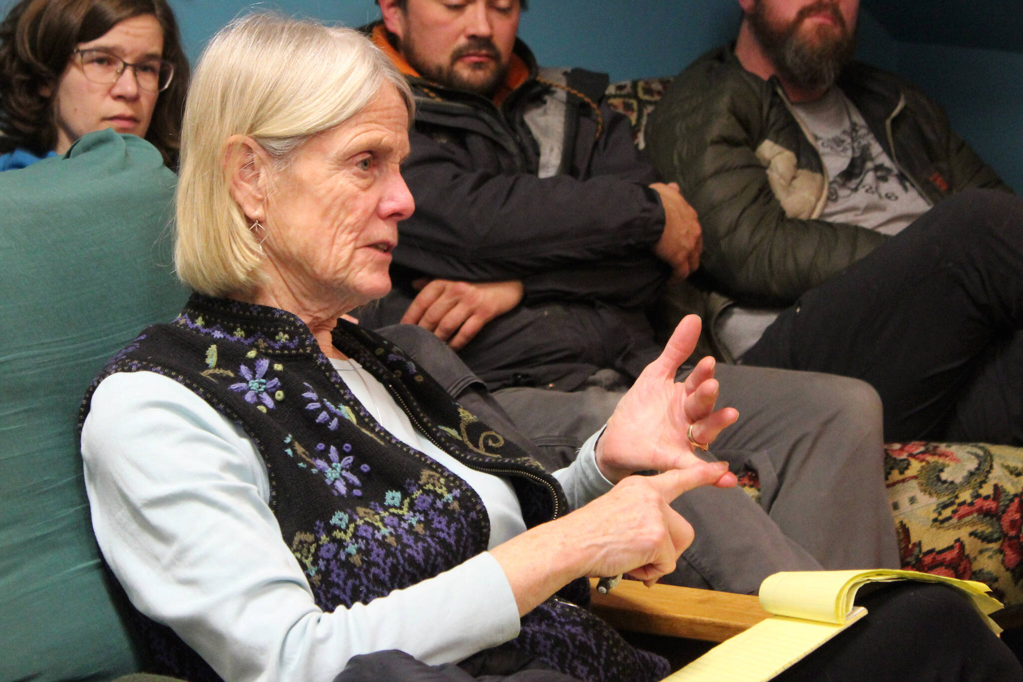 Penny Vadla speaks during a community meeting about retrofitting homes to be more energy efficient at the Cook Inletkeeper Community Action Studio on Tuesday, Dec. 5, 2023, in Soldotna, Alaska. (Ashlyn O’Hara/Peninsula Clarion)
