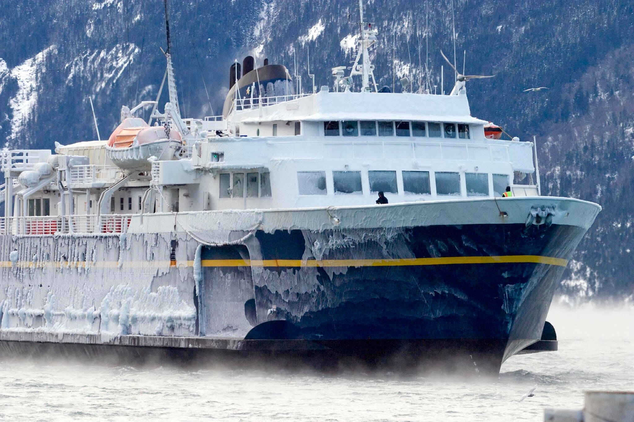 The LeConte ferry coated with cold-season ice. (Photo courtesy of the Alaska Marine Highway System)