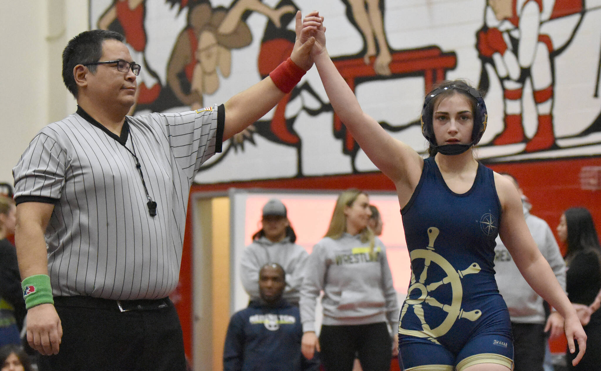 Homer’s Saoirse won the title at girls 126 pounds at the Kachemak Conference wrestling tournament at Kenai Central High School in Kenai, Alaska, on Saturday, Dec. 9, 2023. (Photo by Jeff Helminiak/Peninsula Clarion)
