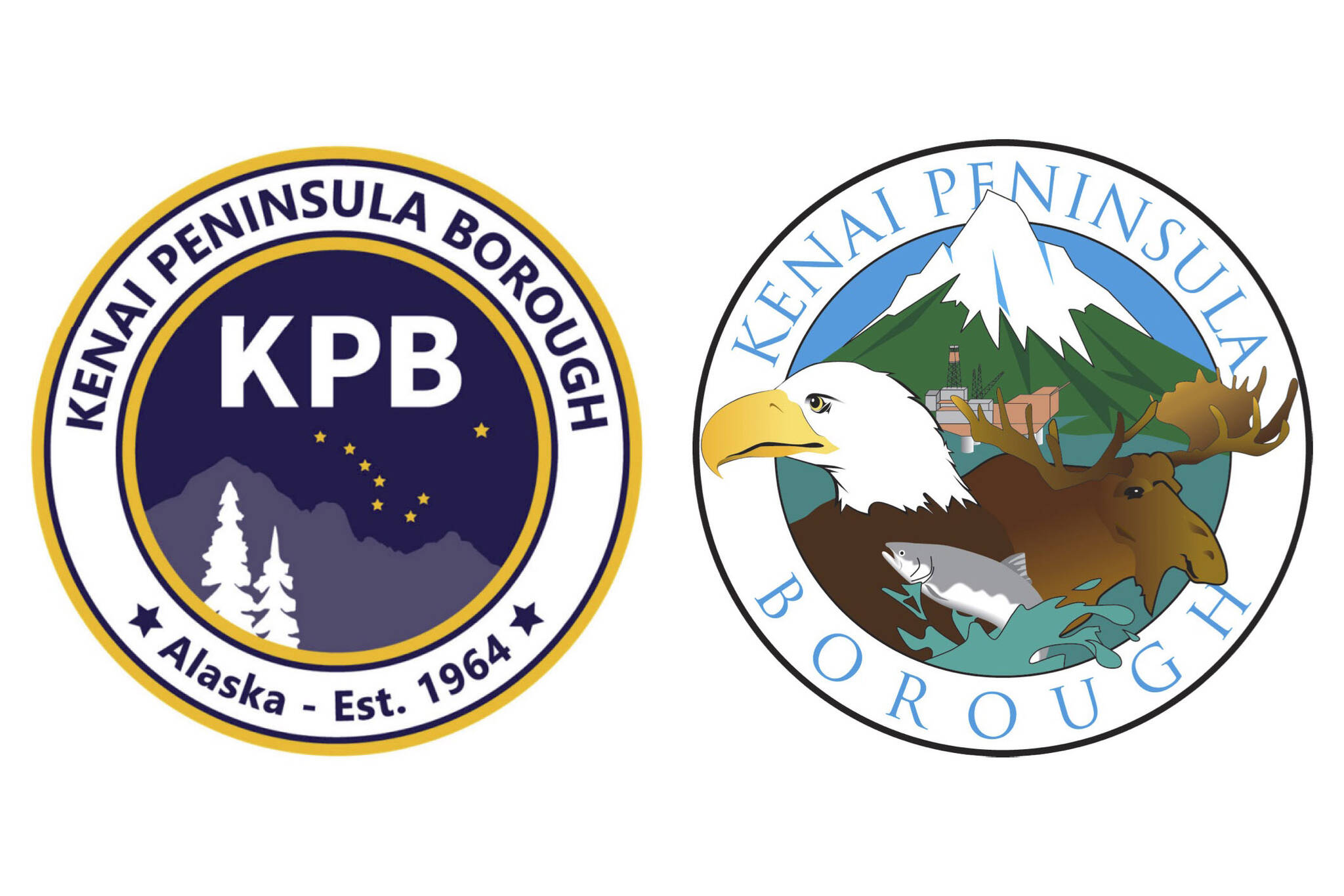 A design of the proposed new Kenai Peninsula Borough logo, left, and the current borough logo. (Logos via Kenai Peninsula Borough)