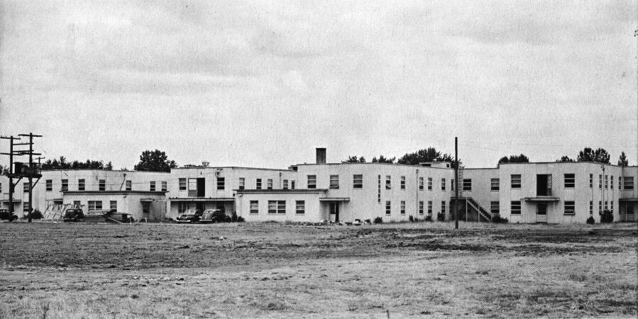 Photo from the Vancouver Housing Authority archives via the Columbian online newspaper
This sprawling dormitory complex in Vancouver, Washington, was known as Hudson House and was located adjacent to the Kaiser shipyard there. Marcus and Alex Bodnar moved into Hudson House sometime after 1942 and likely made their way from Vancouver to Alaska in 1947.