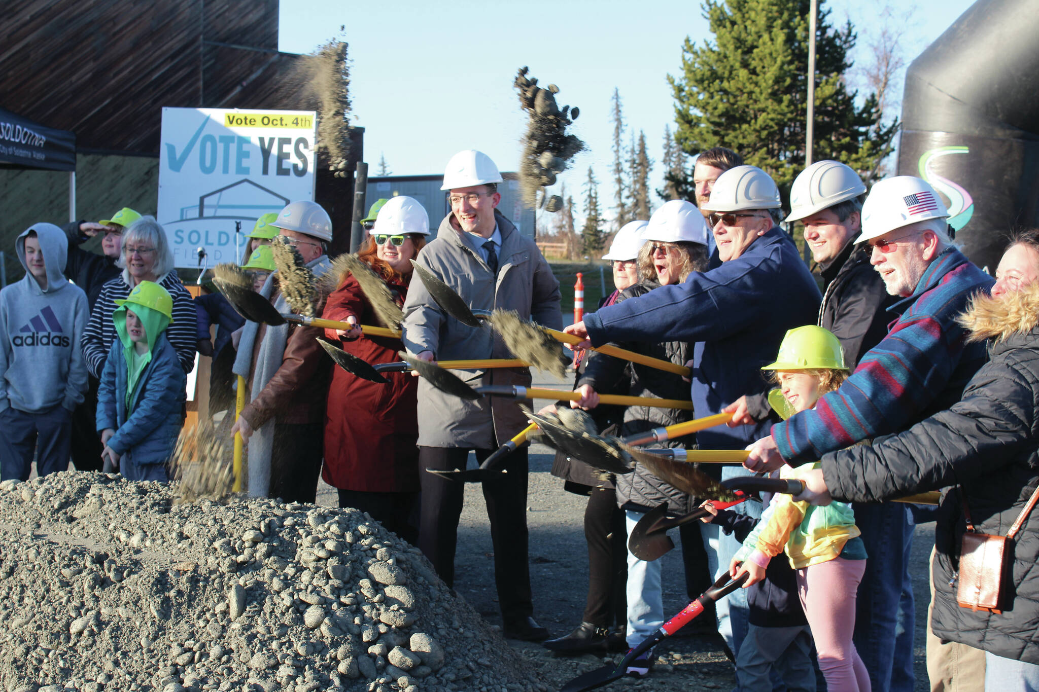 Soldotna city council members, staff and residents break ground on the Soldotna Field House project on Friday, Oct. 20, 2023, in Soldotna, Alaska. (Ashlyn O’Hara/Peninsula Clarion)