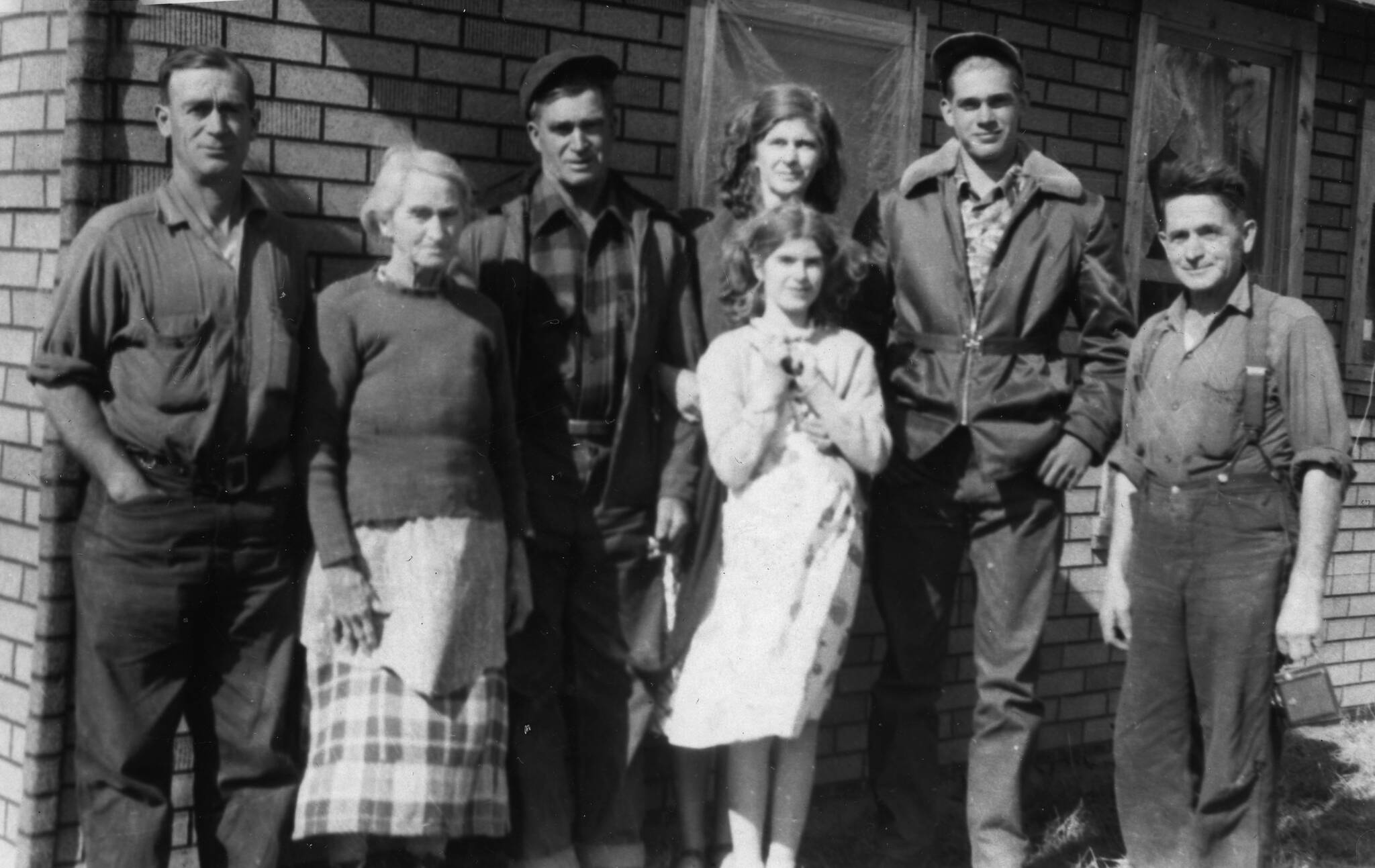 Photo courtesy of the Keeler Family Collection
Some of the Keelers assembled with family matriarch Samantha (second from left) in this 1952 photograph taken in Oregon. Others, L-R: George, Lawrence with wife Lorna, daughter April and son Larry, and Floyd, also known as “Uncle Shorty.”