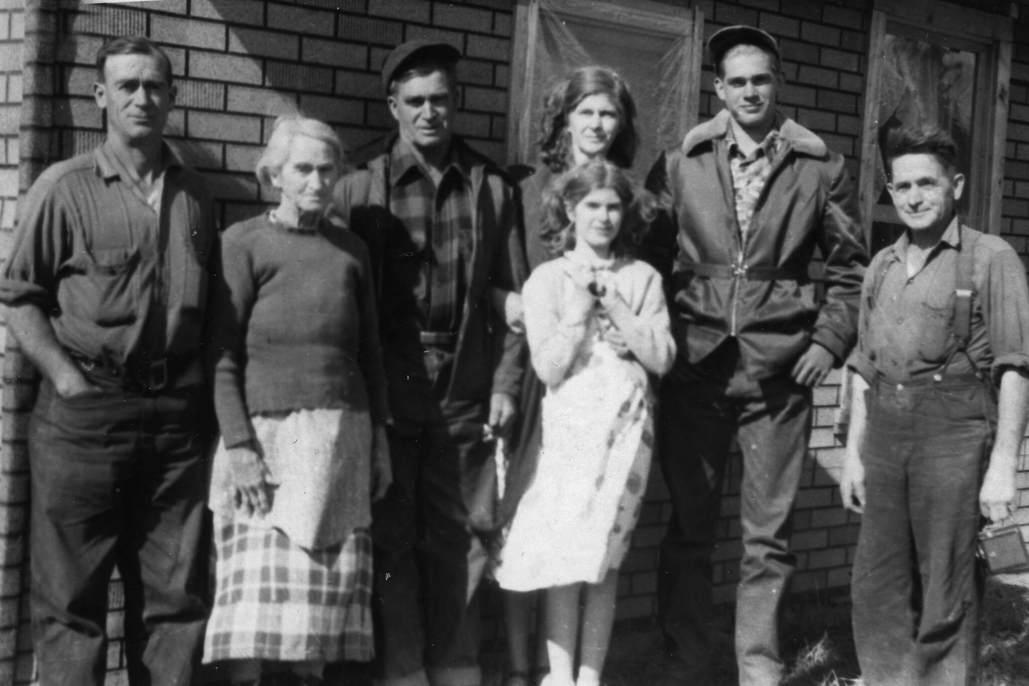 Some of the Keelers assembled with family matriarch Samantha (second from left) in this 1952 photograph taken in Oregon. Others, L-R: George, Lawrence with wife Lorna, daughter April and son Larry, and Floyd, also known as “Uncle Shorty.” Photo courtesy of the Keeler Family Collection.