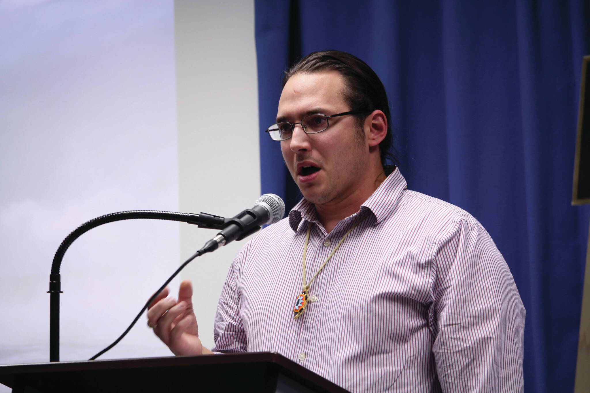 Joel Isaak speaks during a Celebration of Life for Dr. Alan Boraas at Kenai Peninsula College on Jan. 17, 2020. Isaak was named deputy commissioner of the Alaska Department of Education and Early Development on Friday. (Photo by Brian Mazurek/Peninsula Clarion file)