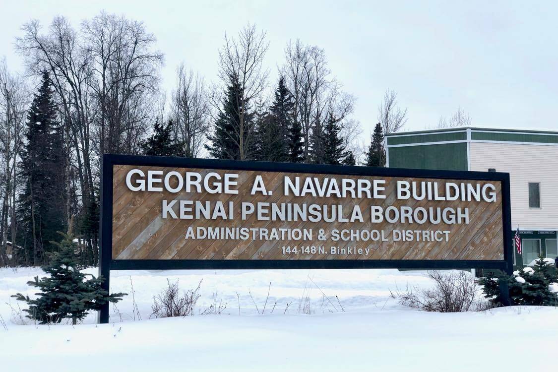 A sign welcomes employees and visitors at the Kenai Peninsula Borough administration building on Tuesday, March 17, 2020, in Soldotna, Alaska. (Photo by Victoria Petersen/Peninsula Clarion)