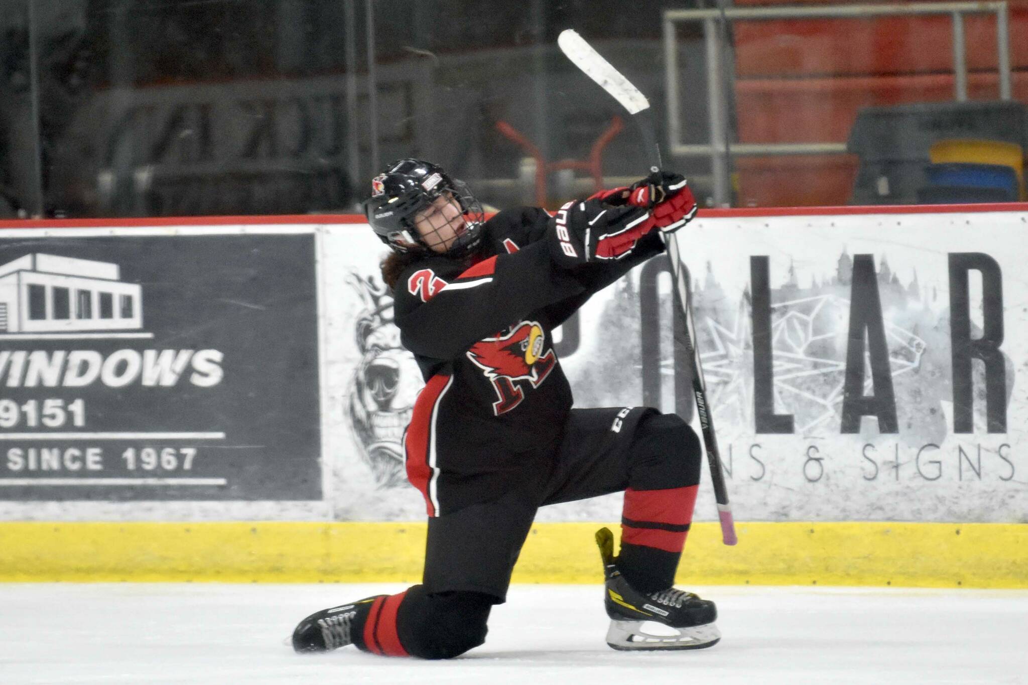 Kenai Central's Logan Mese celebrates his game-clinching goal against Soldotna on Friday, Jan. 5, 2024, at the Soldotna Regional Sports Complex in Soldotna, Alaska. (Photo by Jeff Helminiak/Peninsula Clarion)