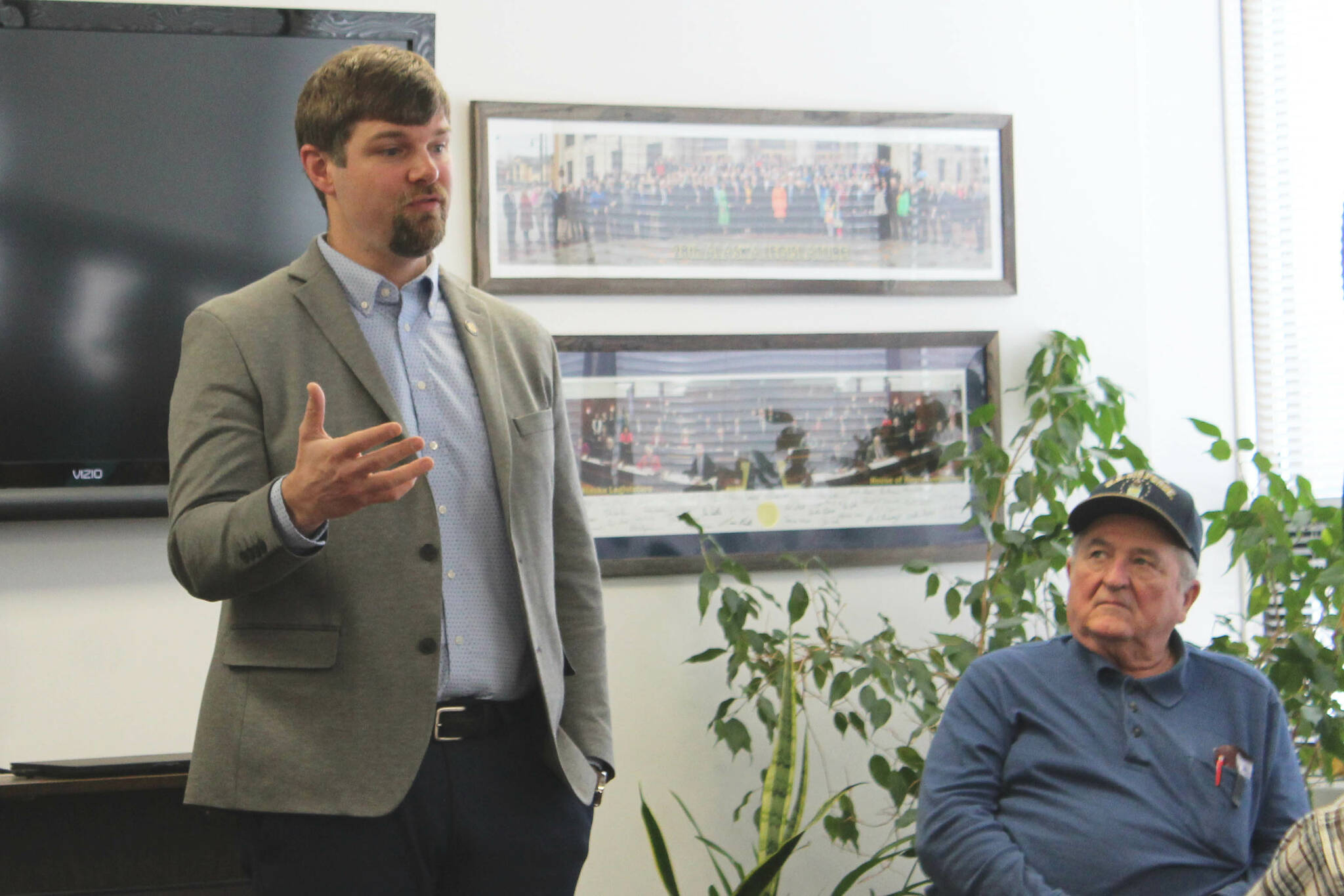Sen. Jesse Bjorkman (left) addresses constituents during a town hall event on Saturday, April 15, 2023 in Kenai, Alaska. (Ashlyn O’Hara/Peninsula Clarion)