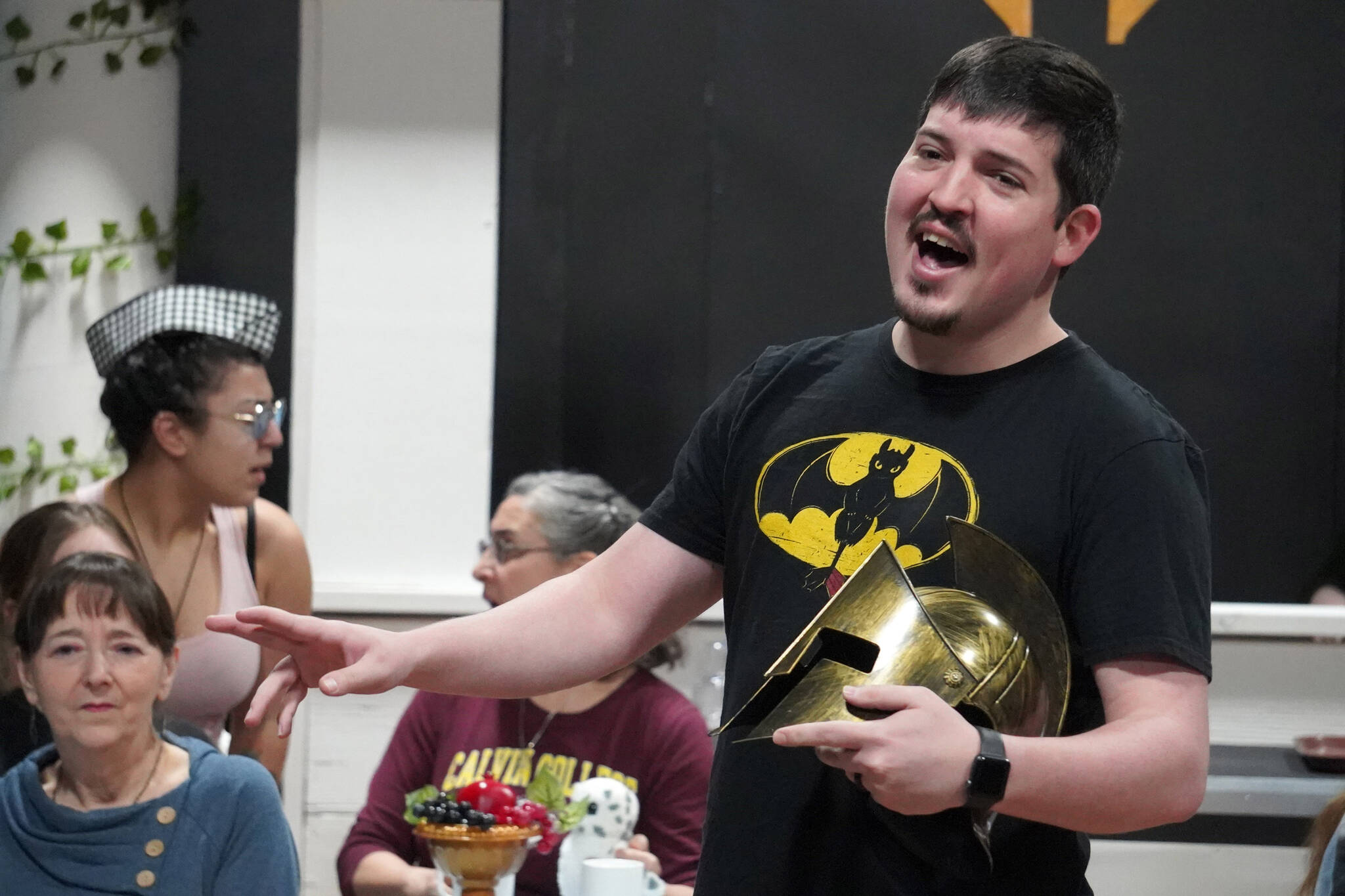 Luke Burgess portrays Helios during a rehearsal of “Greece is the Word: The Zeusical” at the Kenai Performers’ Theatre in Soldotna, Alaska, on Saturday, Jan. 6, 2024. (Jake Dye/Peninsula Clarion)