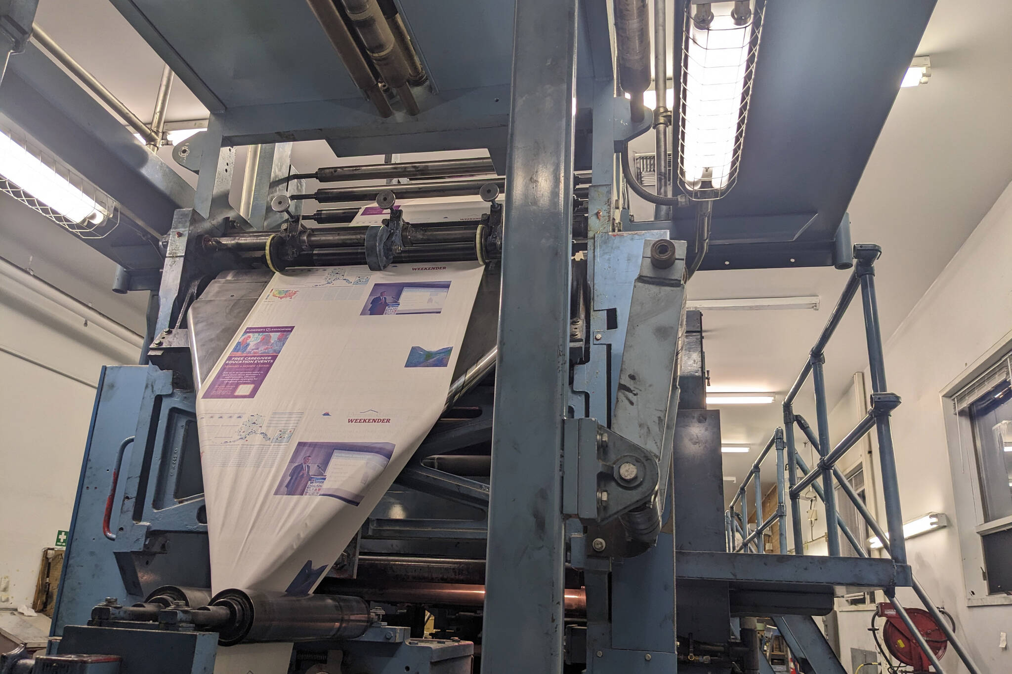 The Peninsula Clarion printing press is photographed on Monday, April 18, 2023, in Kenai, Alaska. (Photo by Erin Thompson/Peninsula Clarion)