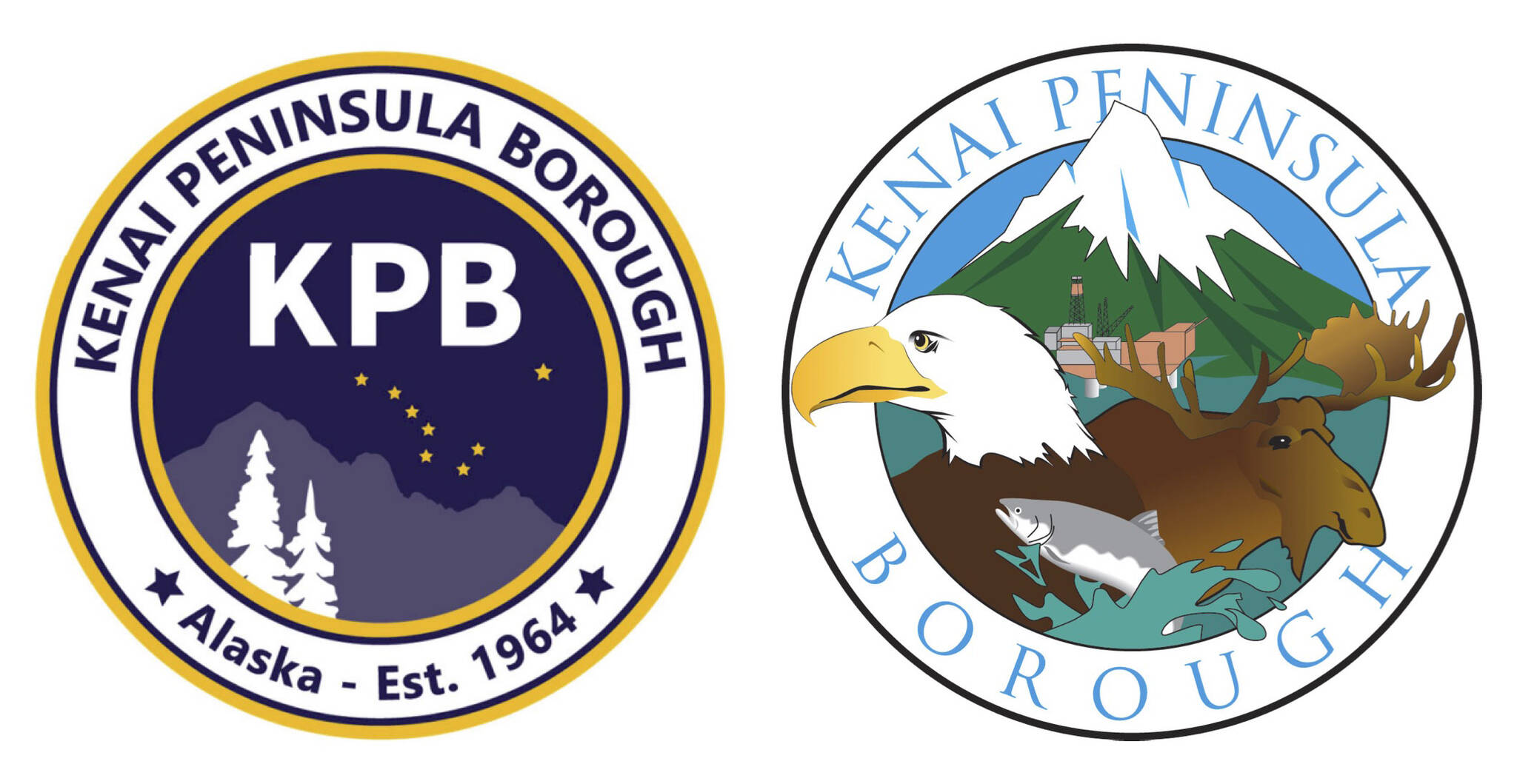 A design of the proposed new Kenai Peninsula Borough logo (left) and the current borough logo (right). (Logos via Kenai Peninsula Borough)