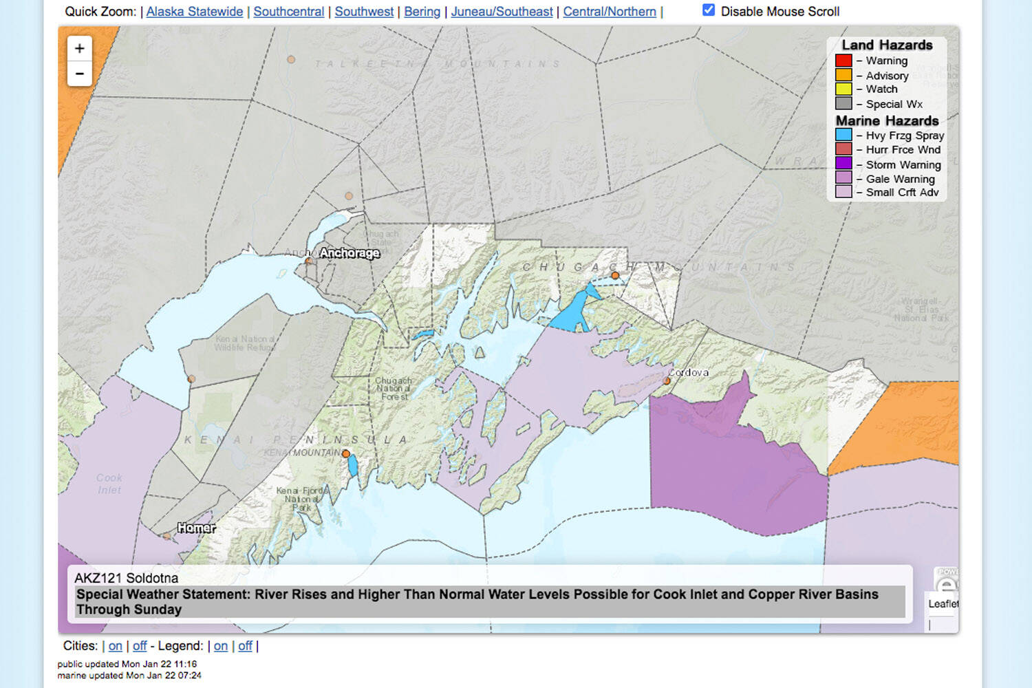The National Weather Service’s map of Southcentral shows a special weather statement for much of Southcentral Alaska, including the Central Kenai Peninsula on Monday, Jan. 22, 2024. (Courtesy National Weather Service)