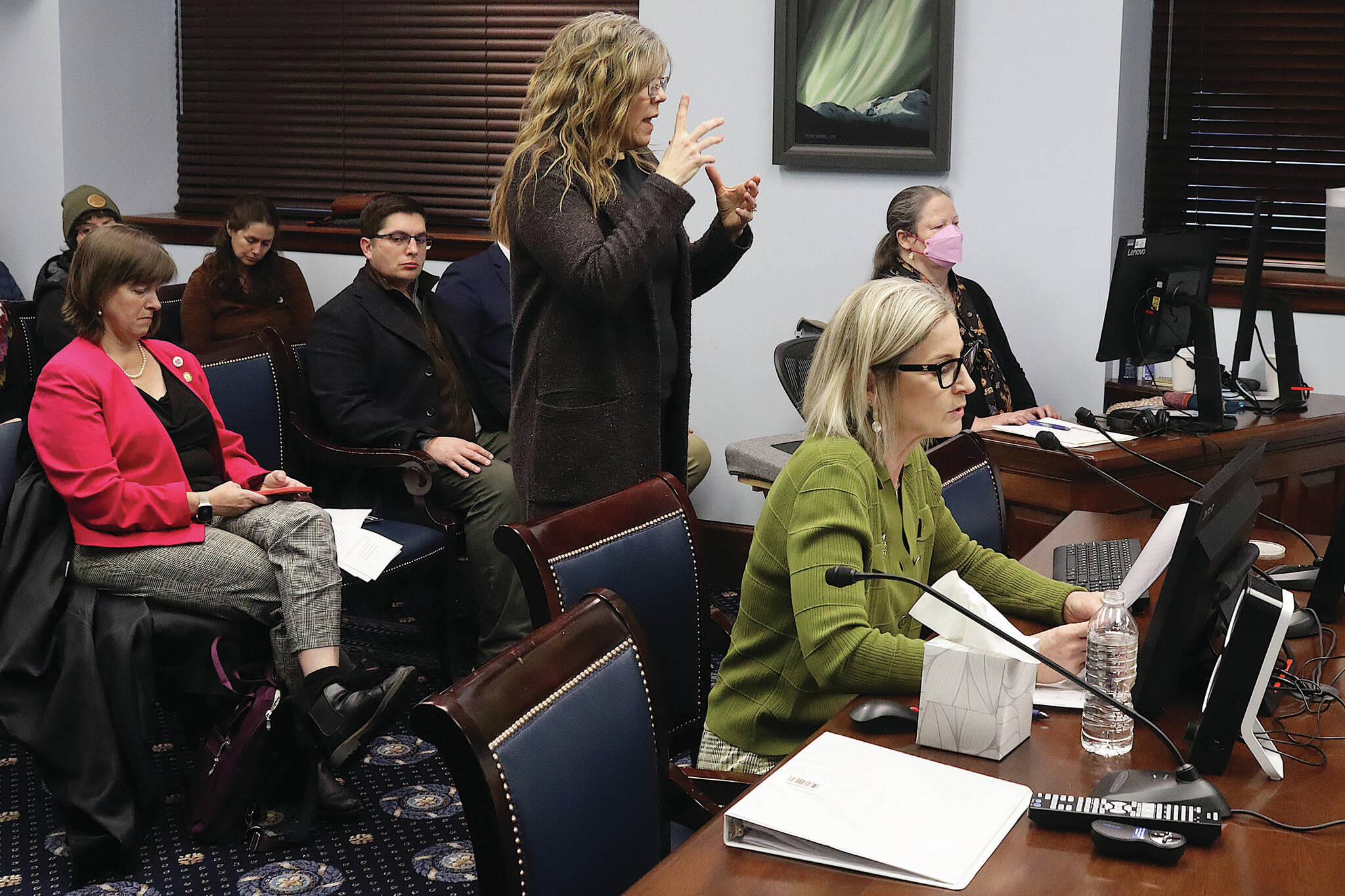 Deena Bishop, commissioner of the Alaska Department of Education and Early Development, (right), testifies Saturday, Jan. 20, 2024, during a House Rules Committee meeting. (Mark Sabbatini/Juneau Empire)