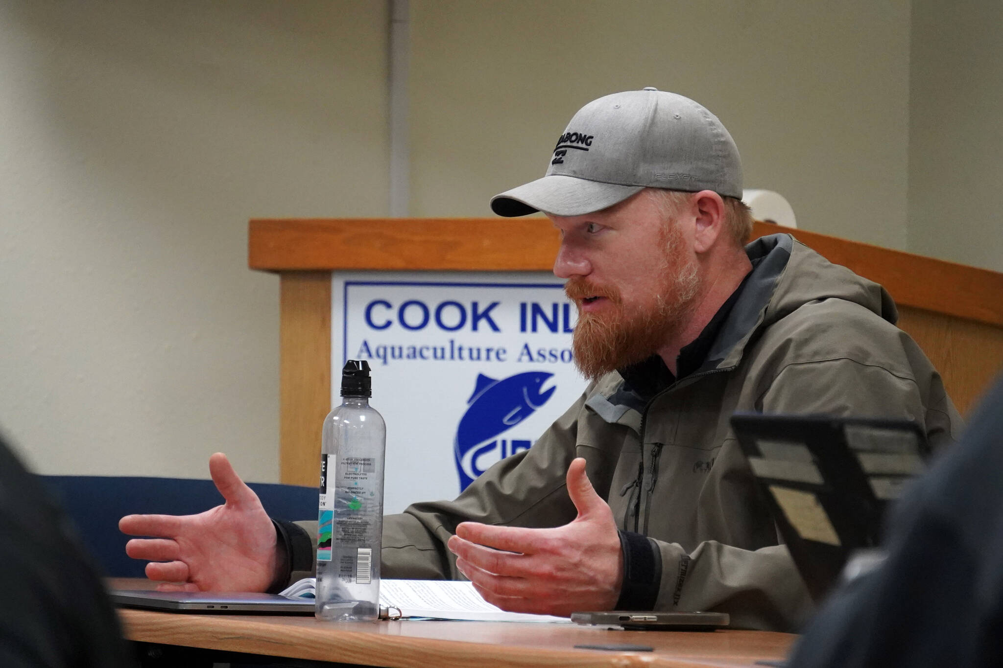 Todd Smith, who sits in a commercial fishing set net seat, discusses proposals during a meeting of the Kenai/Soldotna Fish and Game Advisory Committee at Cook Inlet Aquaculture Association in Kenai, Alaska, on Monday, Jan. 8, 2024. (Jake Dye/Peninsula Clarion)