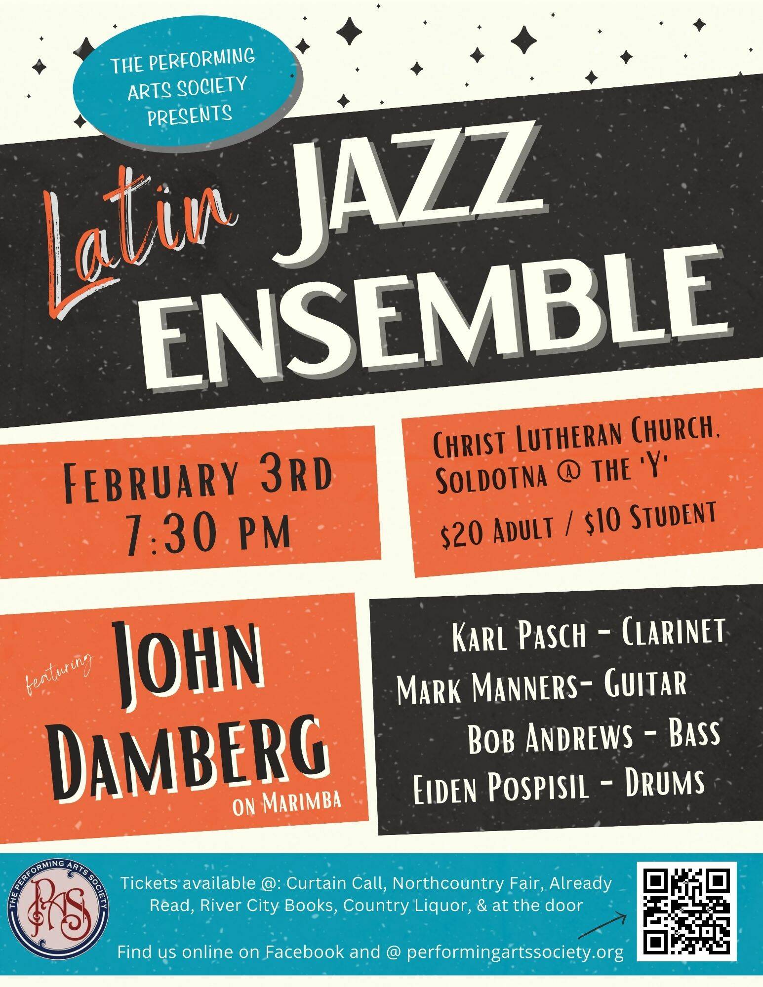 A promotional poster for the Latin Jazz Quintet concert scheduled for Feb. 3, 2024 in Soldotna, Alaska. (Photo courtesy the Performing Arts Society)