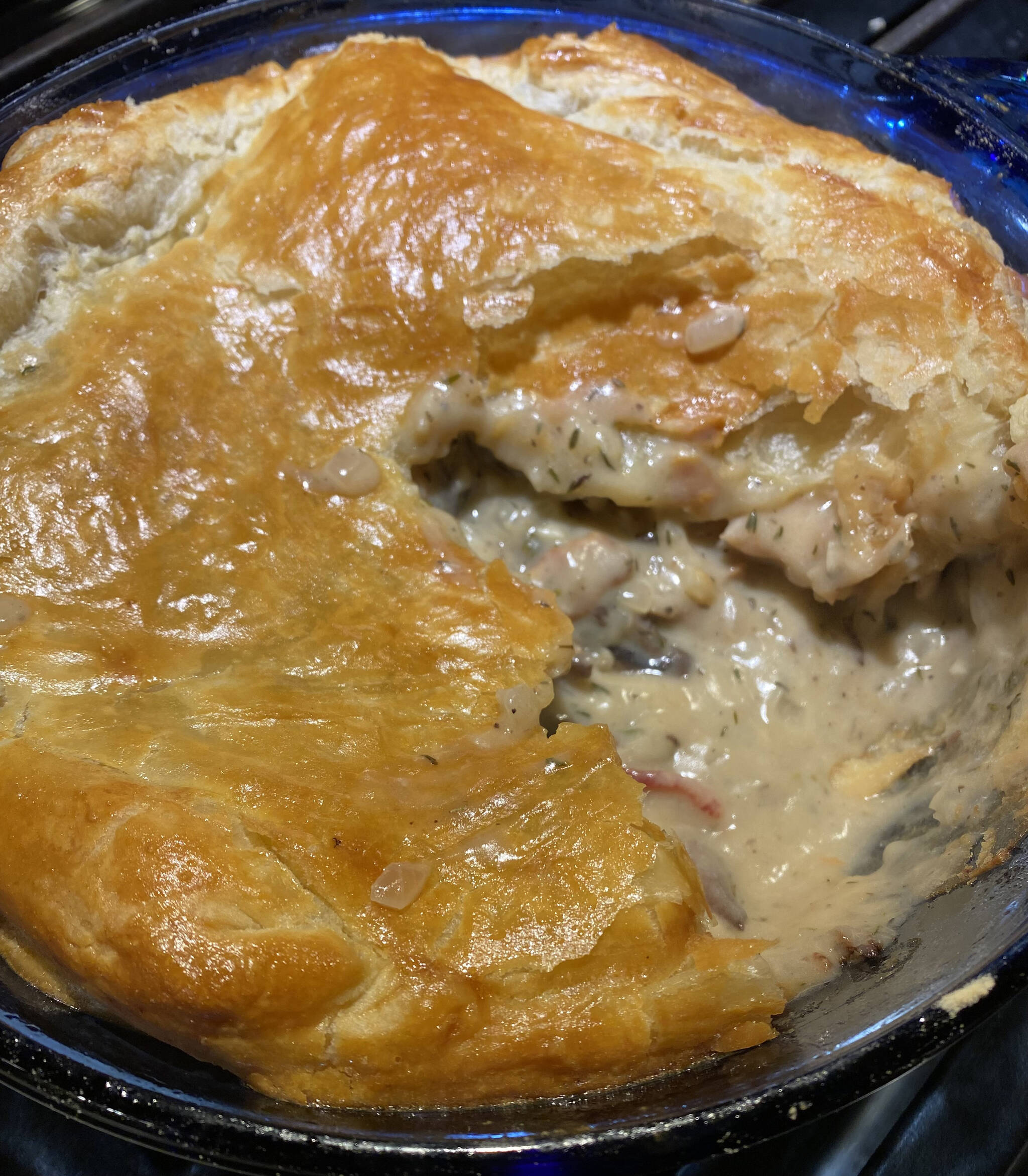 A creamy, rich and filling is ensconced a puff pastry crust in this French chicken and mushroom pie. (Photo by Tressa Dale/Peninsula Clarion)