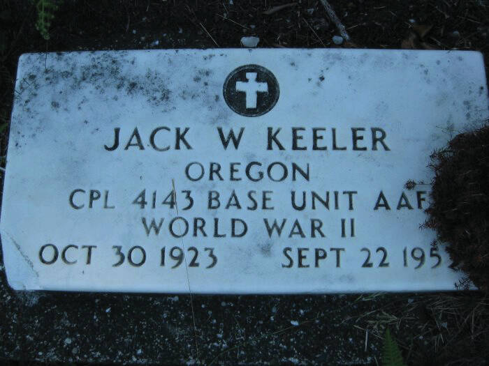 Ray Sandstrom photo courtesy of the KPC historical photo archive
Jack Keeler’s grave marker in Oregon notes his death in 1953, when he succumbed to a logging accident.