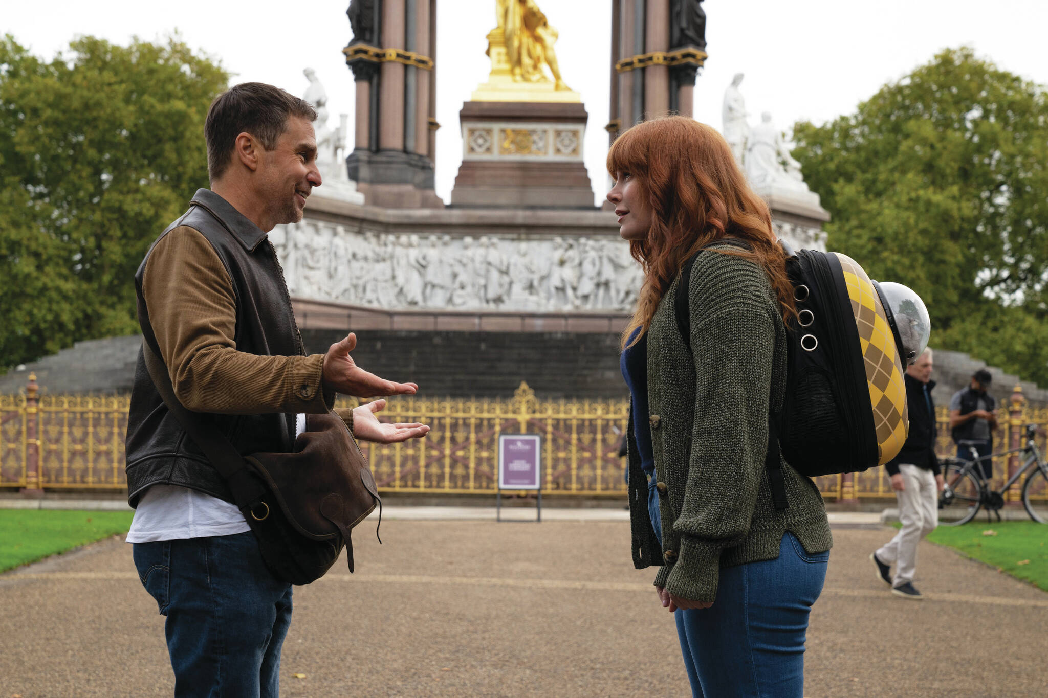 Sam Rockwell portrays Aidan and Bryce Dallas Howard portrays Elly Conway in “Argylle.” (Promotional photo courtesy Apple Original Films)