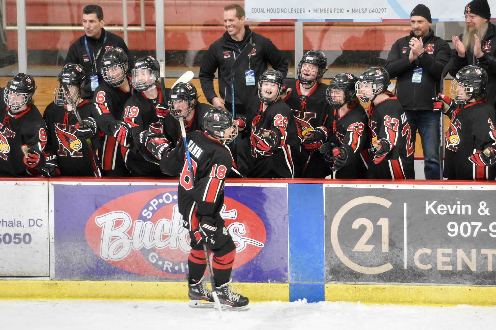 Kenai Central's Sawyer Vann celebrates his game-clinching, empty-net goal Thursday, Feb. 1, 2024, at the Division II state hockey tournament at the Soldotna Regional Sports Complex in Soldotna, Alaska. (Photo by Jeff Helminiak/Peninsula Clarion)