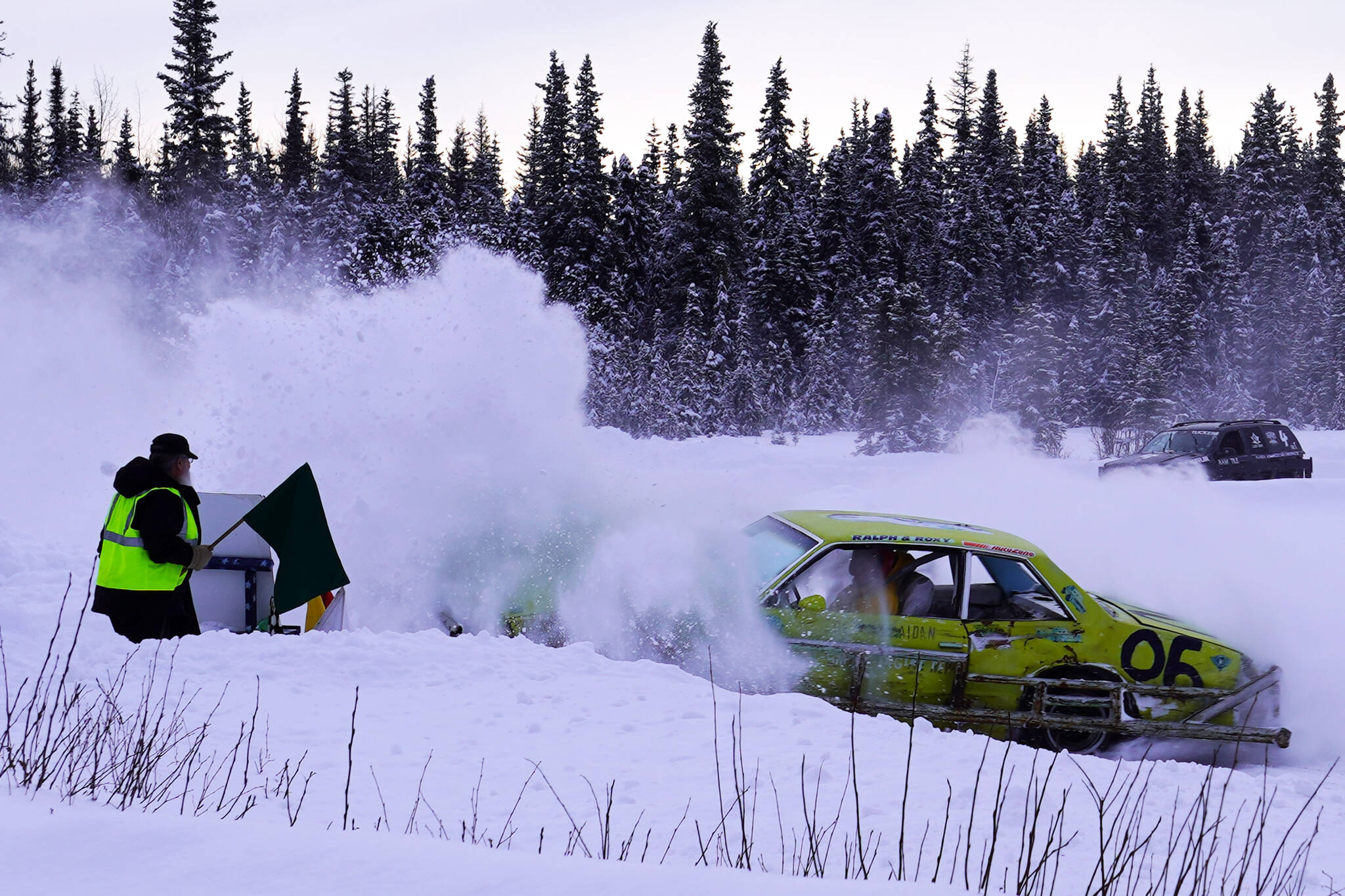 Ralph Mills spins out during the Trophy Dash race as part of Kenai Peninsula Ice Racing at the Decanter Inn in Kasilof, Alaska, on Sunday, Feb. 4, 2024. (Jake Dye/Peninsula Clarion)