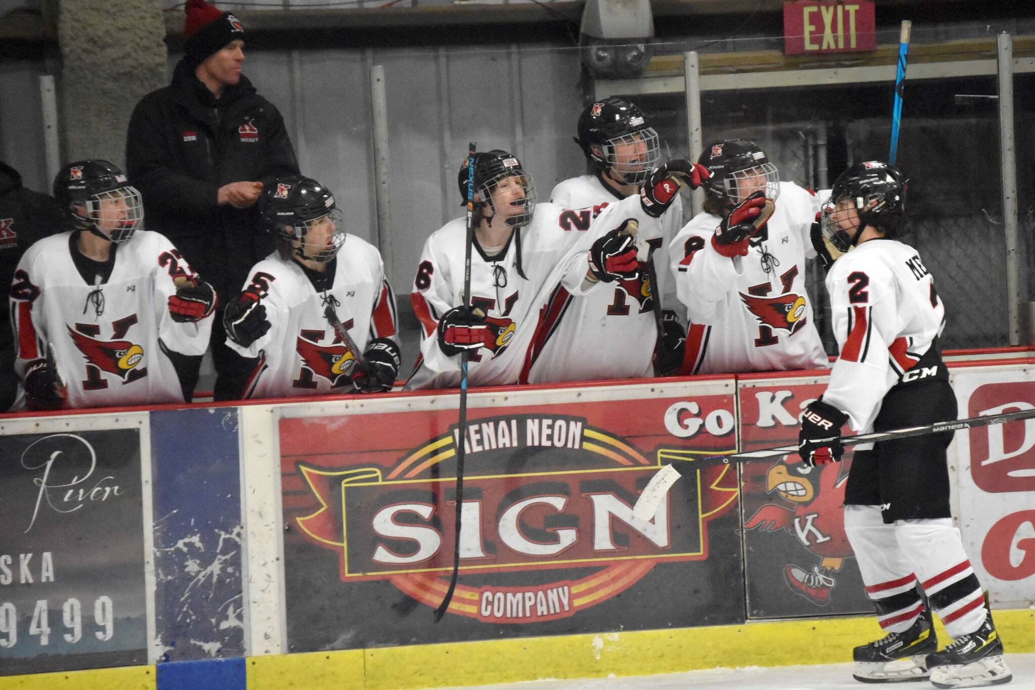 Kenai Central's Logan Mese celebrates after clinching the game with an empty-net goal Friday, Jan. 26, 2024, at the Kenai Multi-Purpose Facility in Kenai, Alaska. (Photo by Jeff Helminiak/Peninsula Clarion)