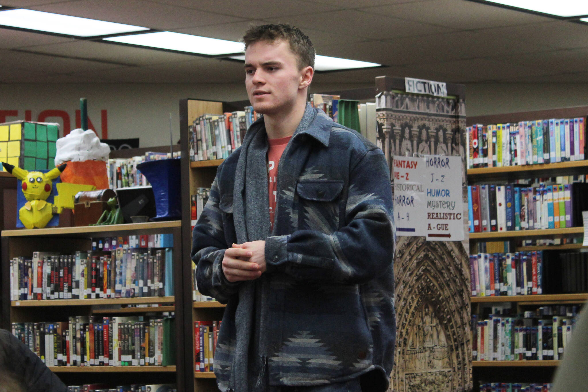 Jeren Nash addresses students during Luke Herman’s government class at Soldotna High School on Thursday, Feb. 8, 2024 in Soldotna, Alaska. (Ashlyn O’Hara/Peninsula Clarion)