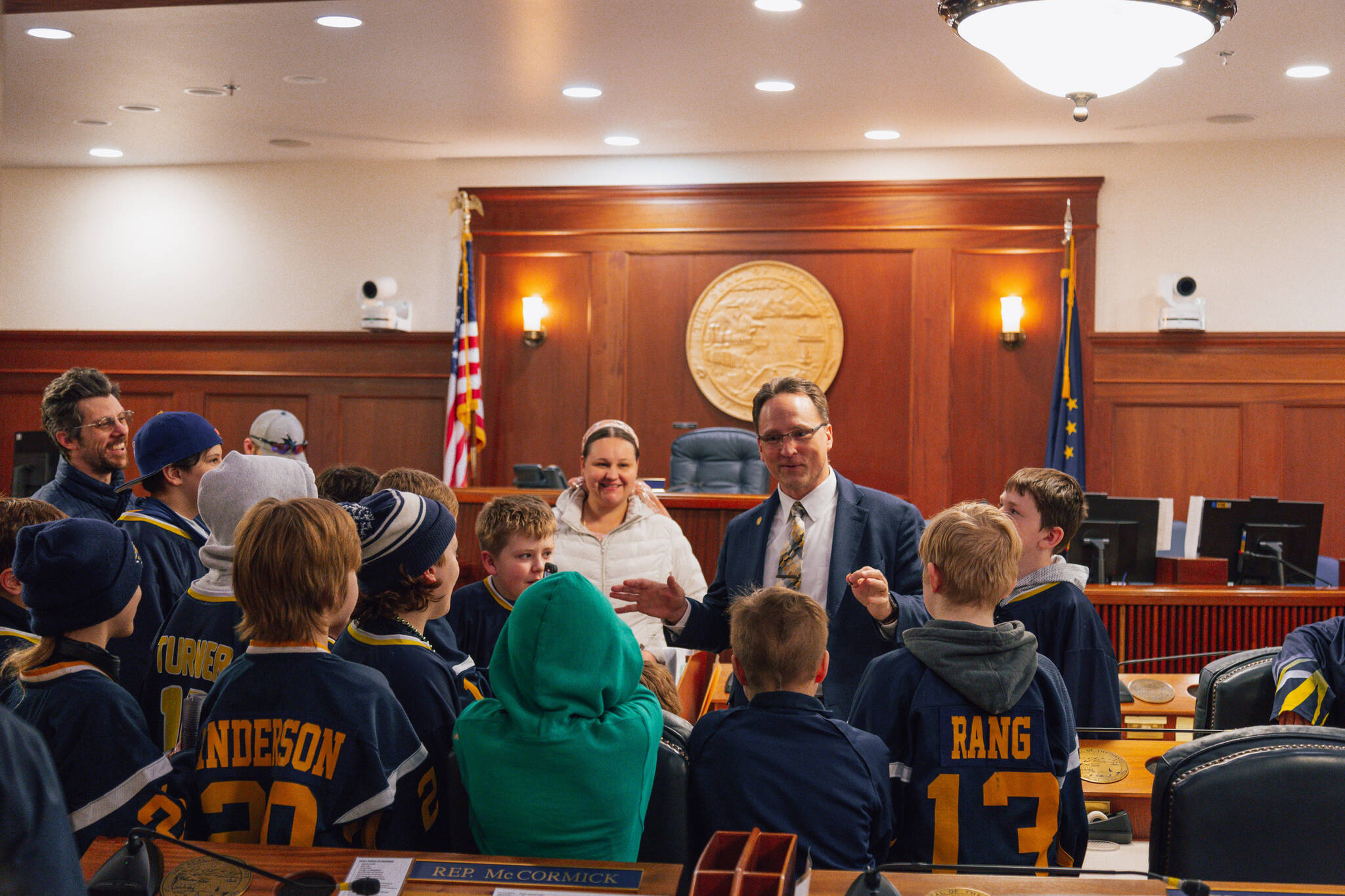 Alaska House Rep. Ben Carpenter, center, speaks to constituents at the Alaska State Capitol, in this undated photo. (Courtesy Office of Rep. Ben Carpenter)