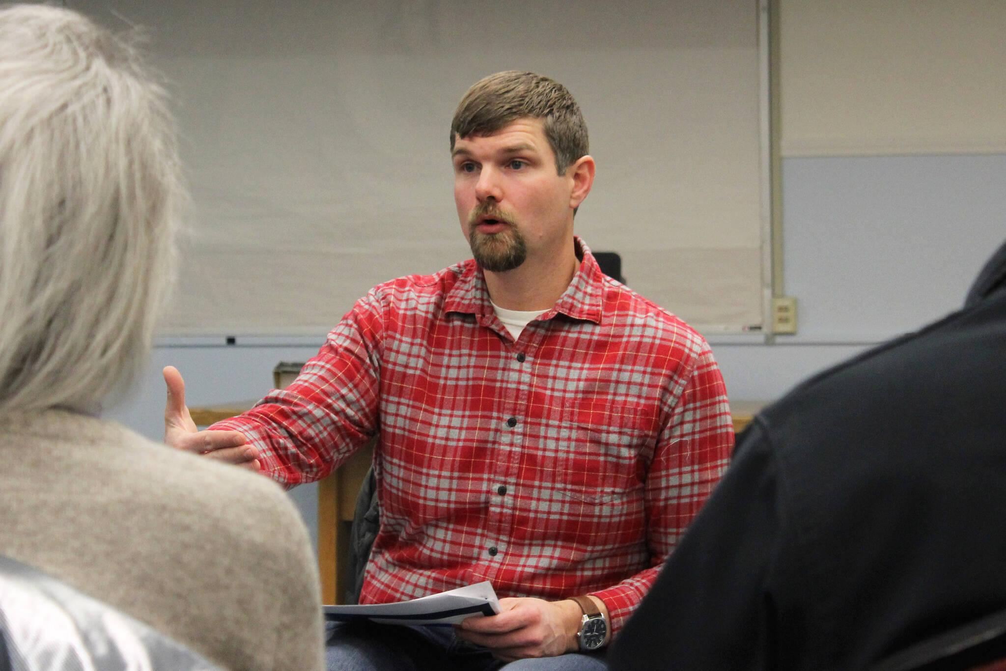 Sen. Jesse Bjorkman, R-Nikiski, speaks to attendees at a town hall event on Monday, Nov. 20, 2023 in Nikiski, Alaska. (Ashlyn O’Hara/Peninsula Clarion)