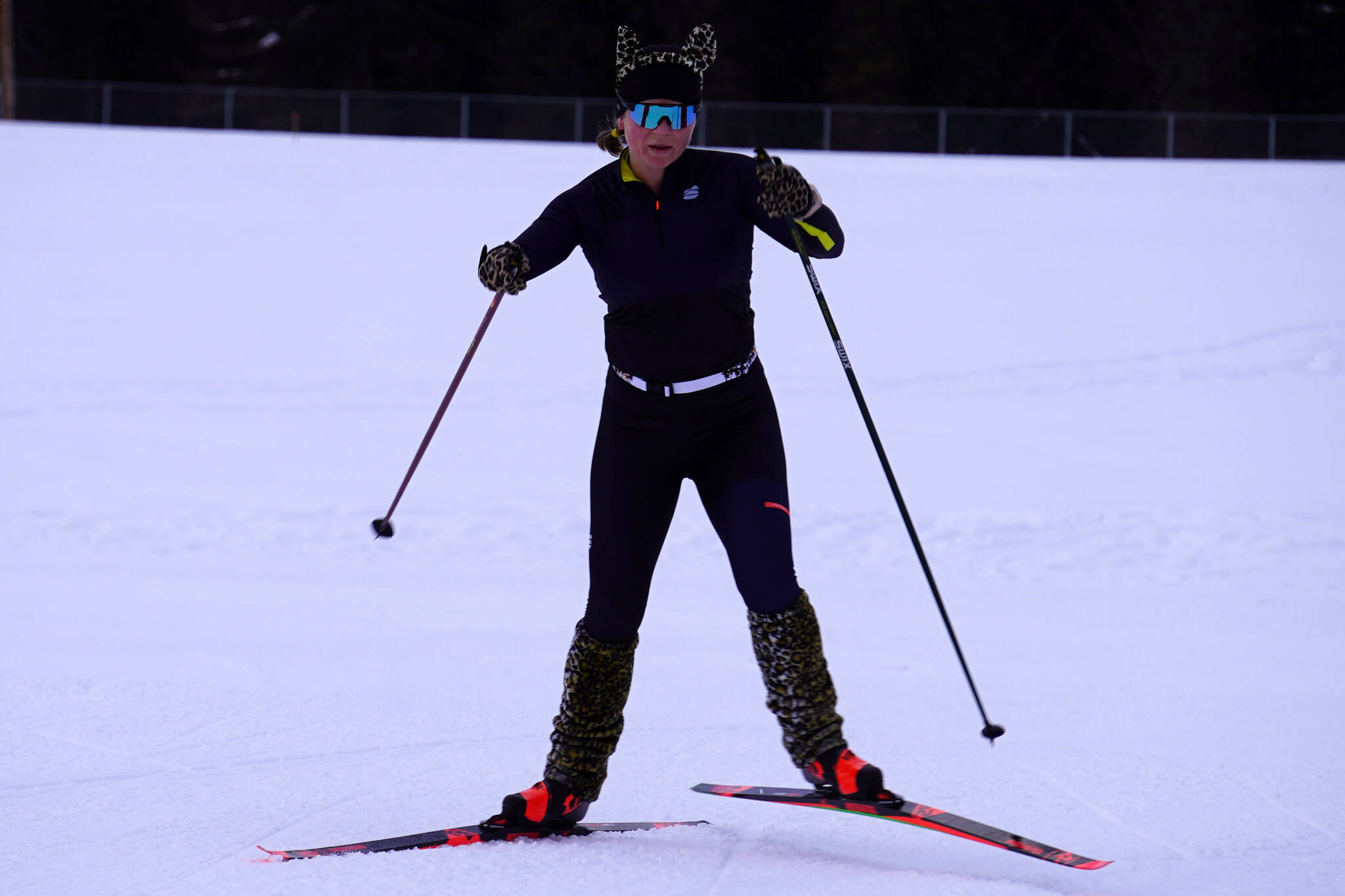 Morgan Aldridge races down the trail during the 20th Annual Ski for Women at Tsalteshi Trails near Soldotna, Alaska, on Sunday, Feb. 11, 2024. (Jake Dye/Peninsula Clarion)