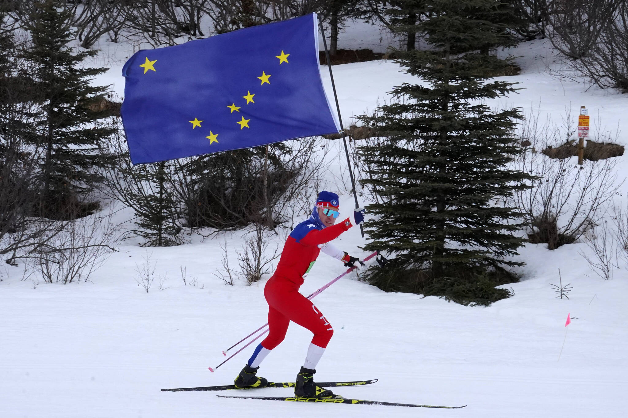 Martin Flores skis into the finish to win the 40-kilometer Double Tour while carrying an Alaska flag during the Tour of Tsalteshi at Tsalteshi Trails near Soldotna, Alaska, on Sunday, Feb. 18, 2024. (Jake Dye/Peninsula Clarion)