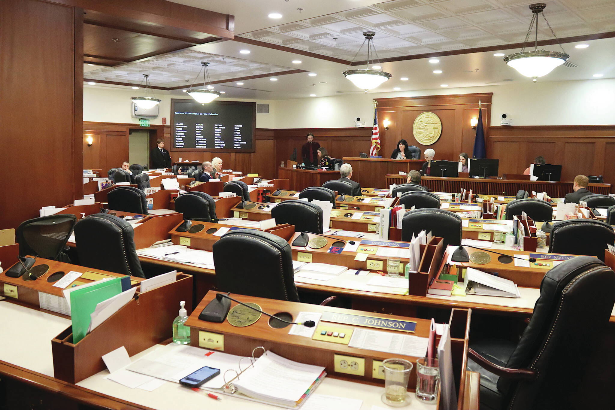 Rep. Cathy Tilton, R-Wasilla, presides over a mostly empty House chamber at the end of an hourslong recess over education legislation on Monday in Juneau (Ashlyn O’Hara/Peninsula Clarion)