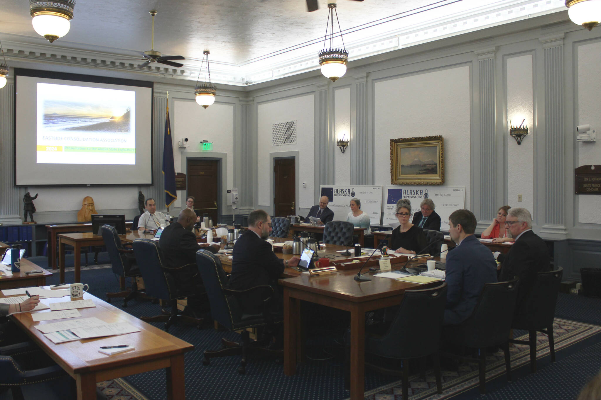 The Senate Finance Committee hears information about a bill establishing a voluntary buyback program for east side setnet fishery permits during a Senate Finance Committee meeting on Monday, Feb. 19, 2024, in Juneau, Alaska. (Ashlyn O’Hara/Peninsula Clarion)