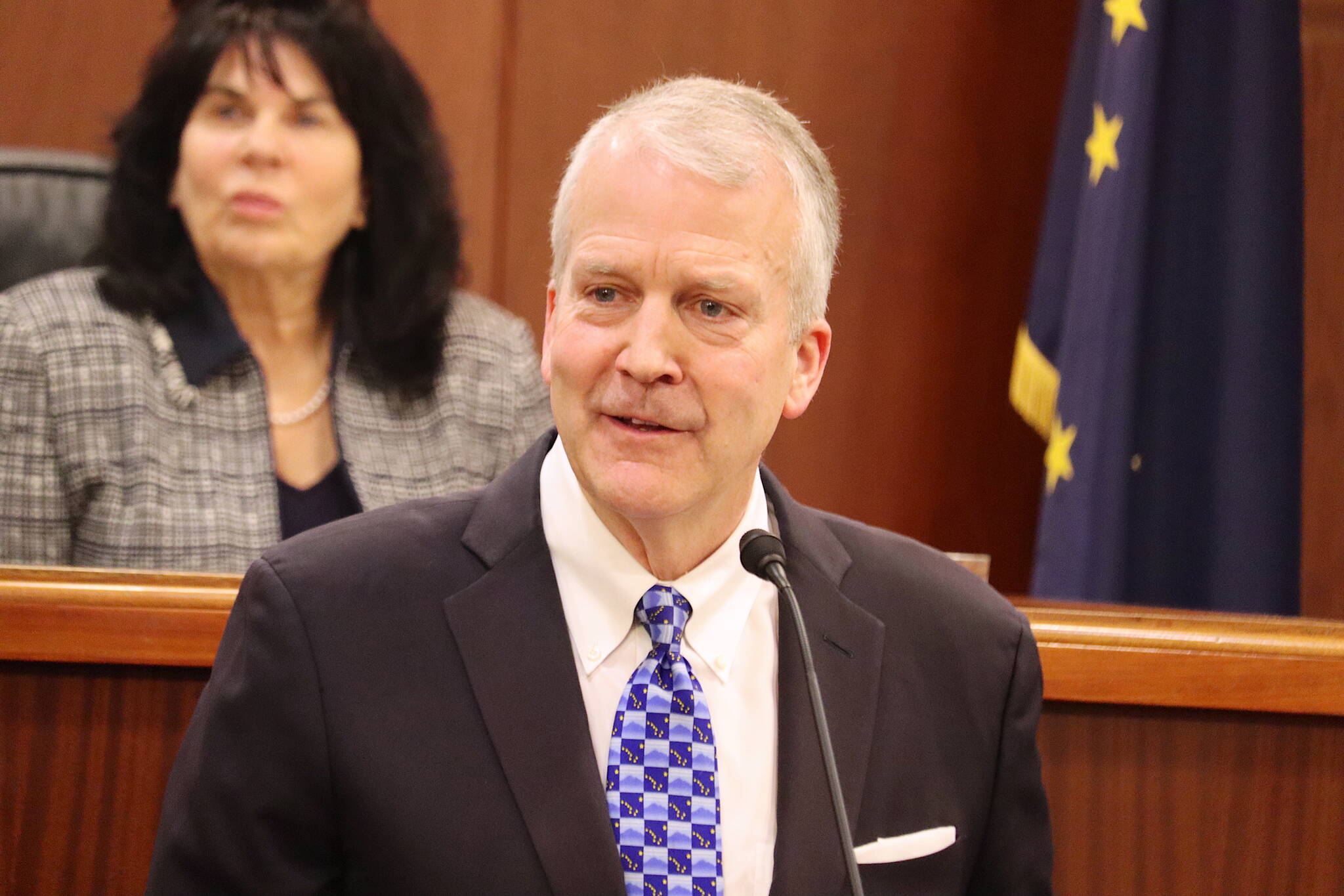 U.S. Sen. Dan Sullivan addresses members of the Alaska Legislature in the House chambers on Wednesday, Feb. 21, 2024, in Juneau, Alaska. (Mark Sabbatini/Juneau Empire)