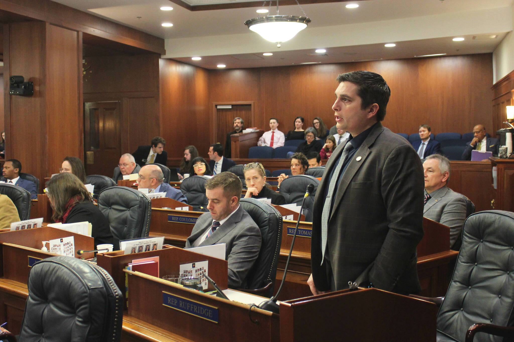 Rep. Justin Ruffridge, R-Soldotna, speaks in support of a bill increasing state funds for public education in the Alaska House of Representatives on Thursday, Feb. 22, 2024, in Juneau, Alaska. (Ashlyn OHara/Peninsula Clarion)