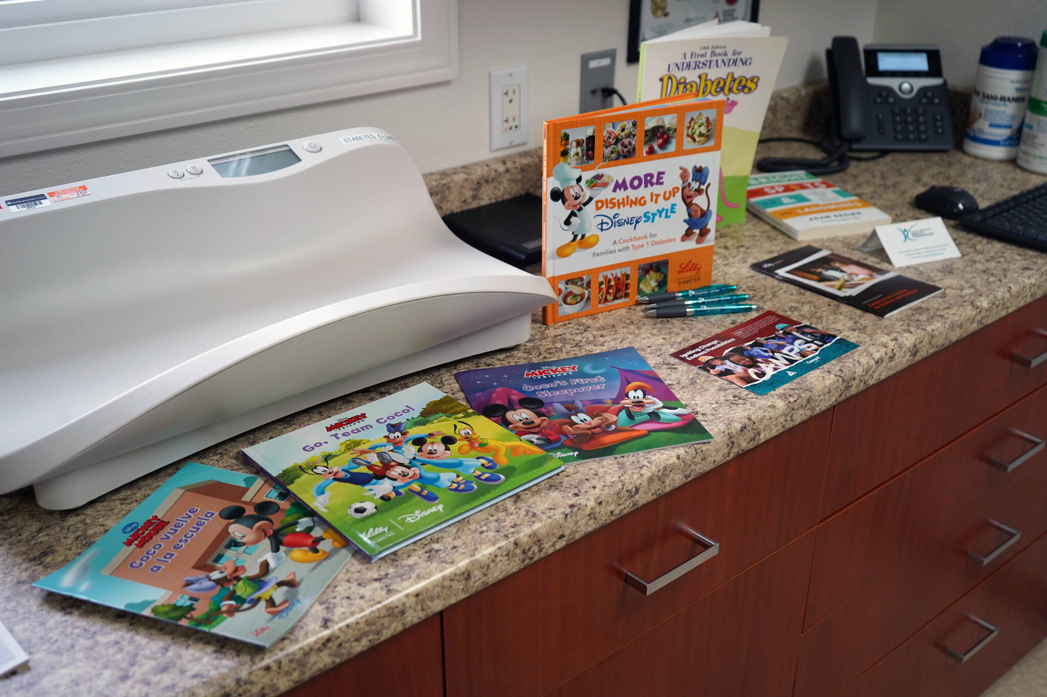 Educational materials fill a countertop at the Central Peninsula Diabetes Center in Soldotna, Alaska, on Monday, Feb. 26, 2024. (Jake Dye/Peninsula Clarion)