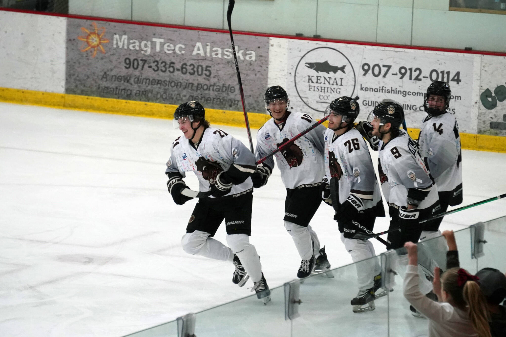 The Kenai River Brown Bears celebrate a goal during a game against Fairbanks at the Soldotna Regional Sports Complex in Soldotna, Alaska, on Saturday, Feb. 24, 2024. (Jake Dye/Peninsula Clarion)