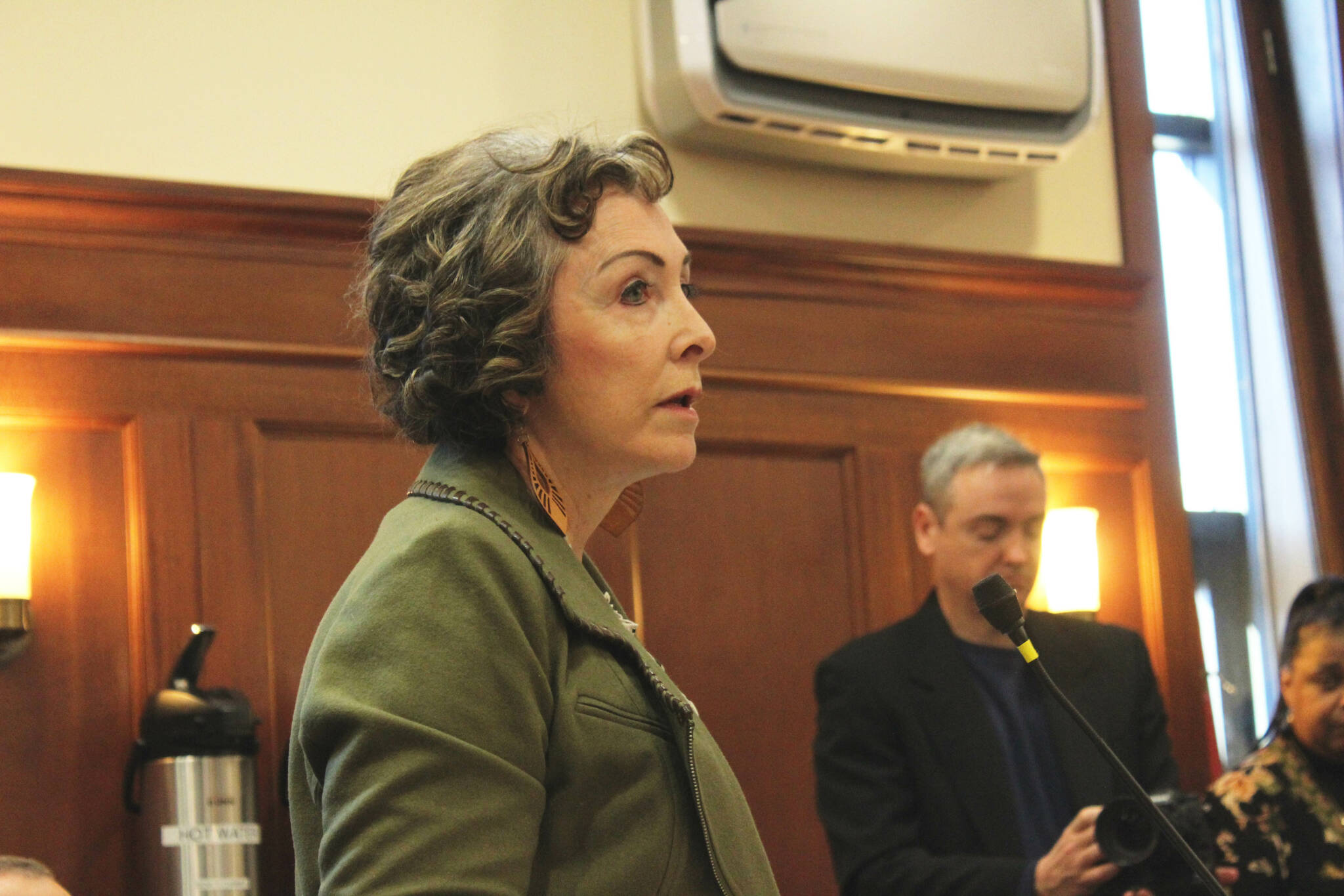 Sen. Shelley Hughes, R-Palmer, speaks in support of Senate concurrence on a version of an education bill passed by the Alaska House last week during a Senate floor discussion on Monday, Feb. 26, 2024, in Juneau, Alaska. (Ashlyn O’Hara/Peninsula Clarion)